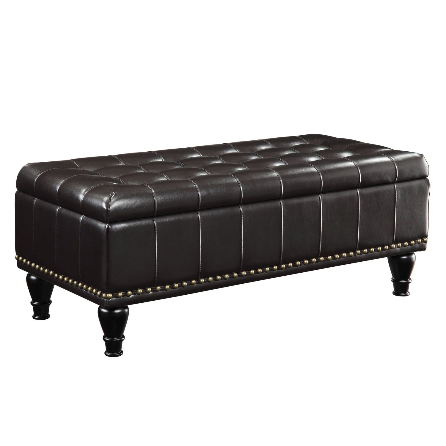 Espresso Bonded Leather Tufted Storage Ottoman with Nailhead Accents