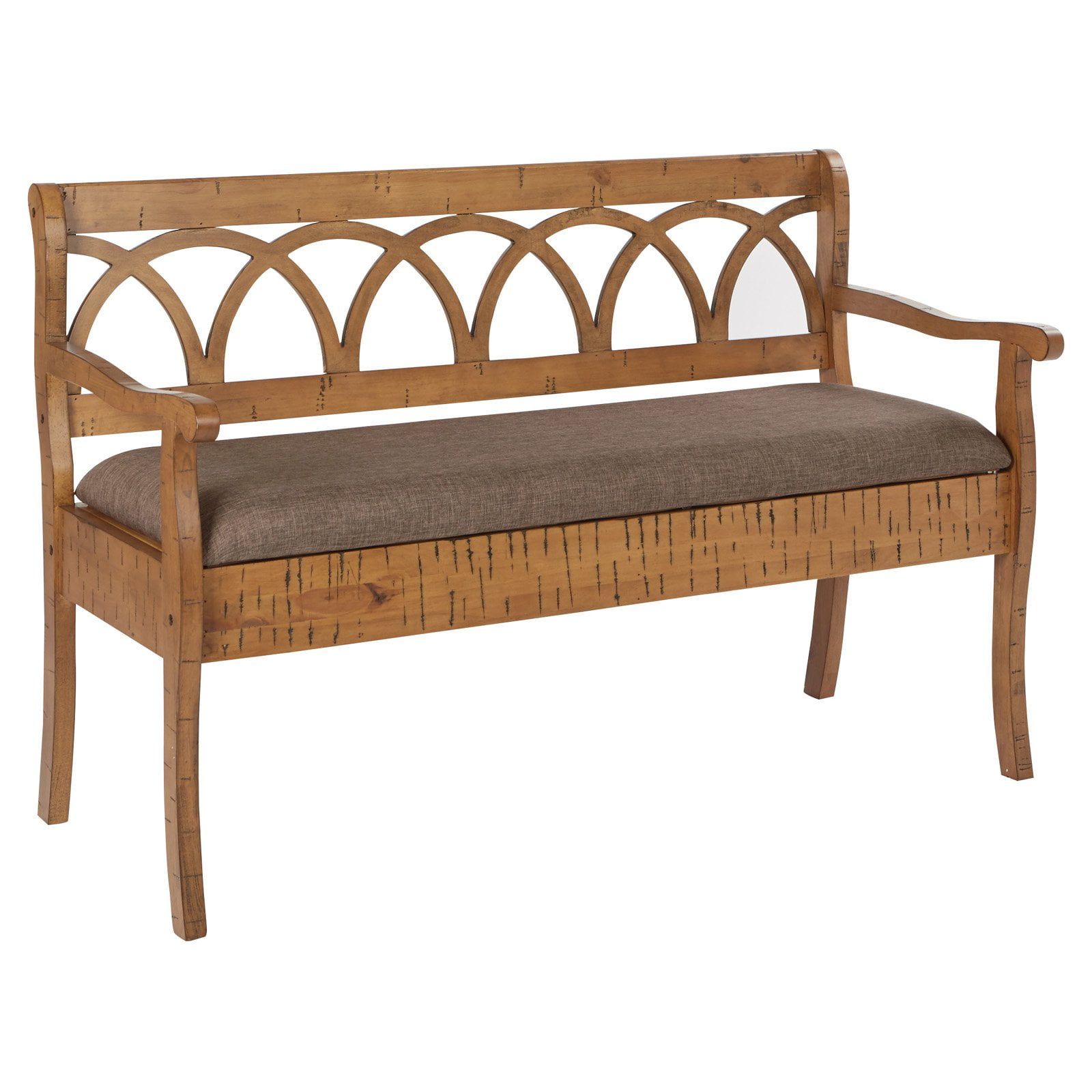 Distressed Toffee Wood Storage Bench with Brown Cushion