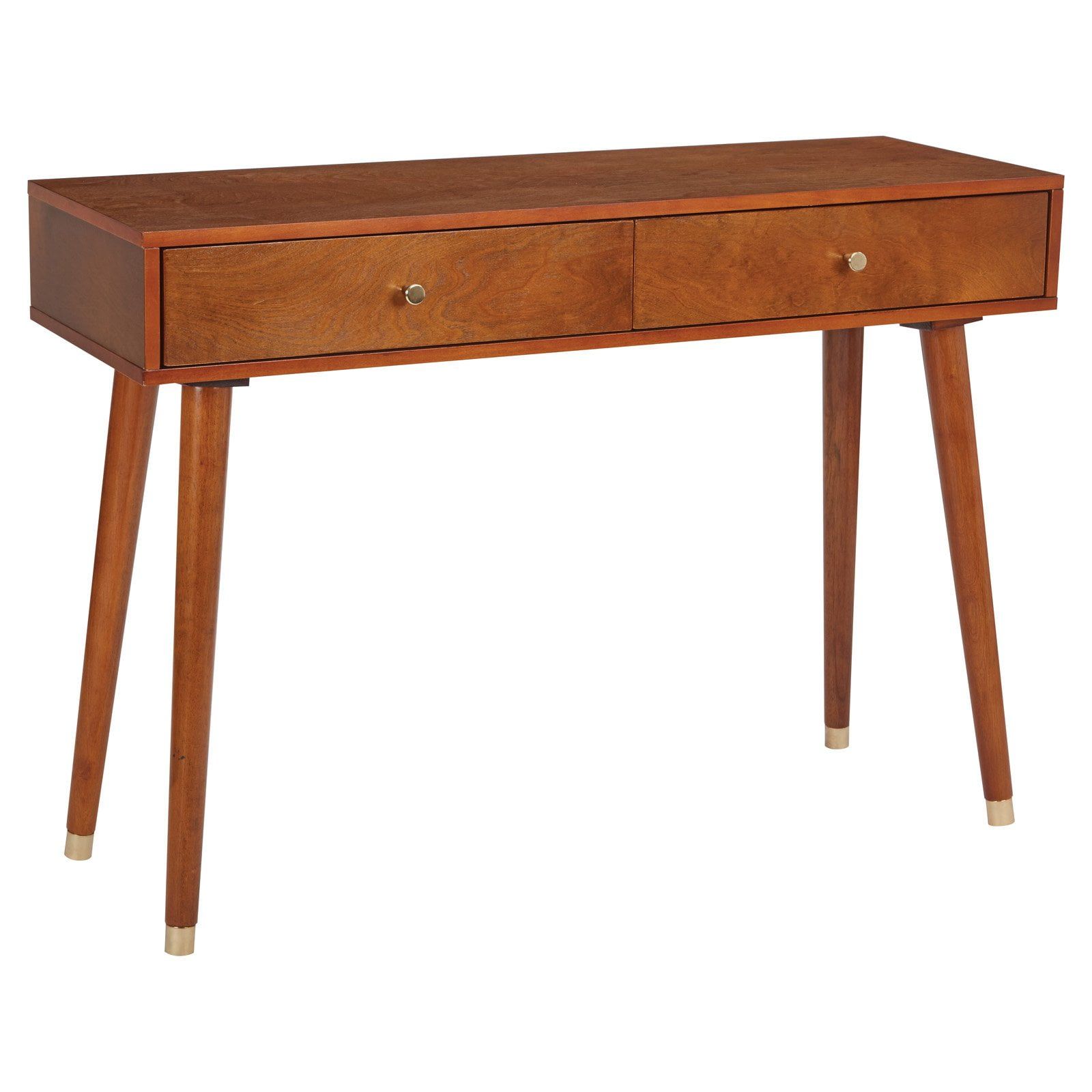 Mid-Century Walnut & Metal Console Table with Dual Storage Drawers