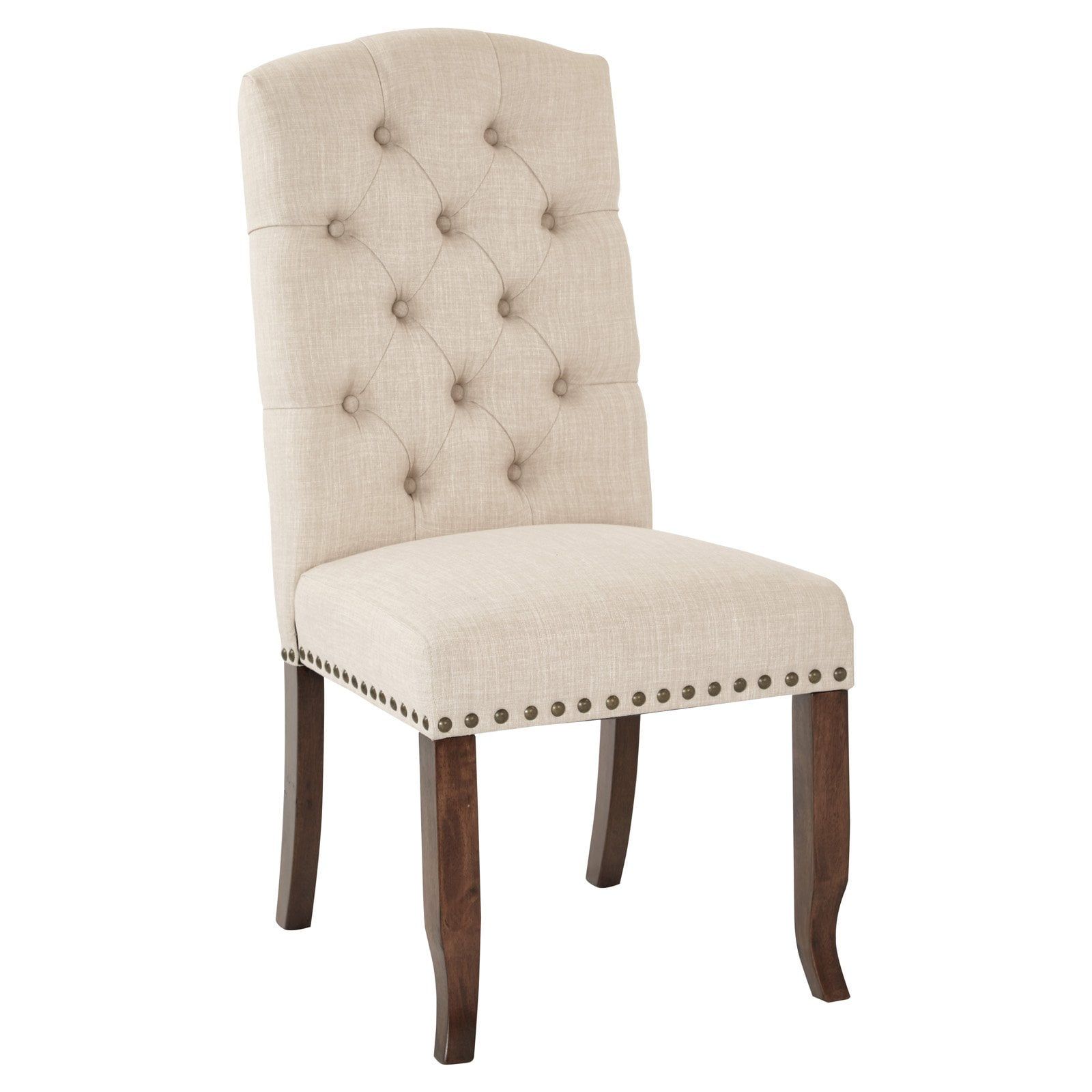 Linen Cream Tufted High Back Side Chair with Wood Legs