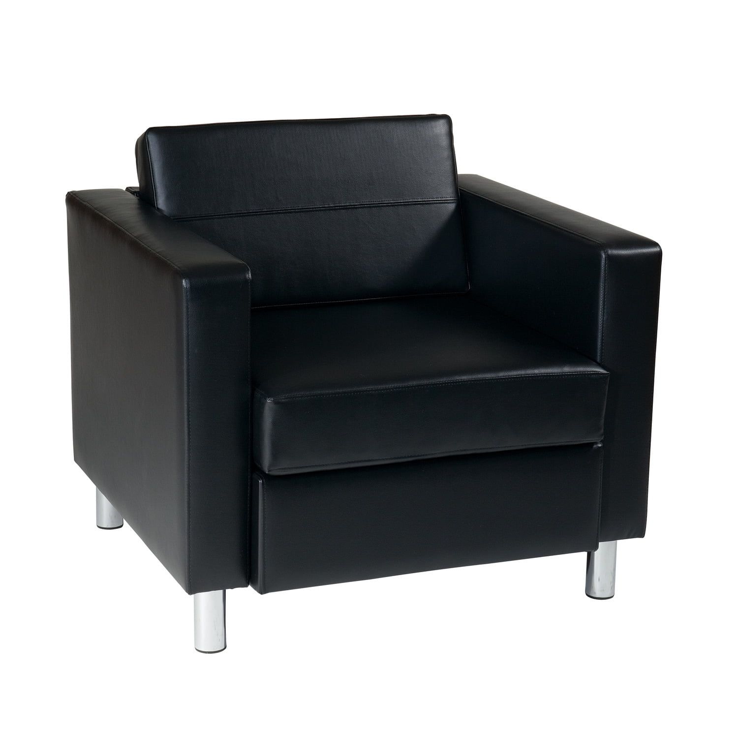 Contemporary Black Faux Leather Barrel Accent Chair with Silver Metal Legs