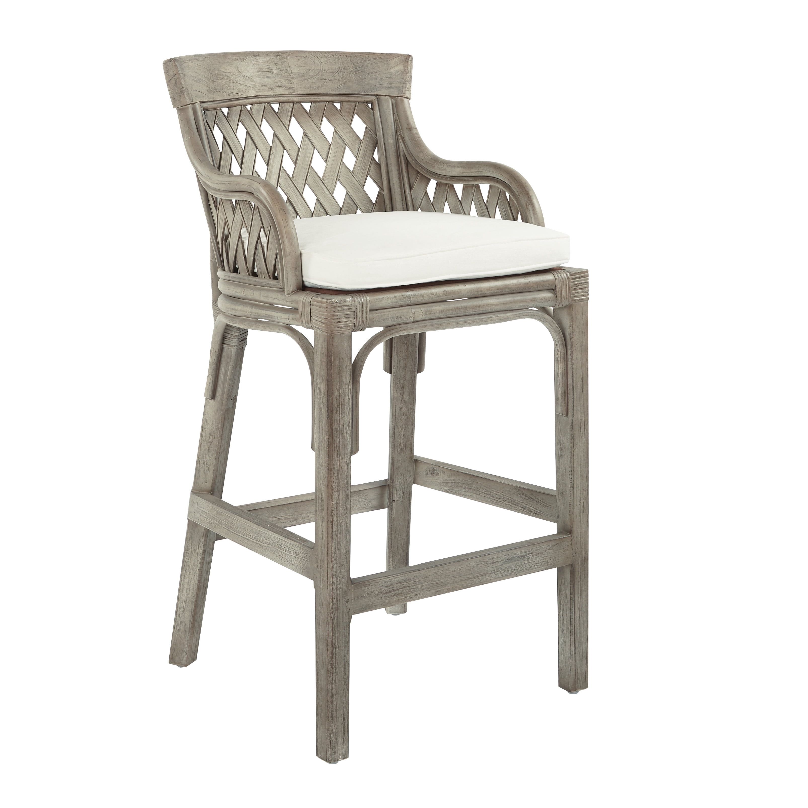 Gray Wash Wood and Rattan Bar Stool with Cushion