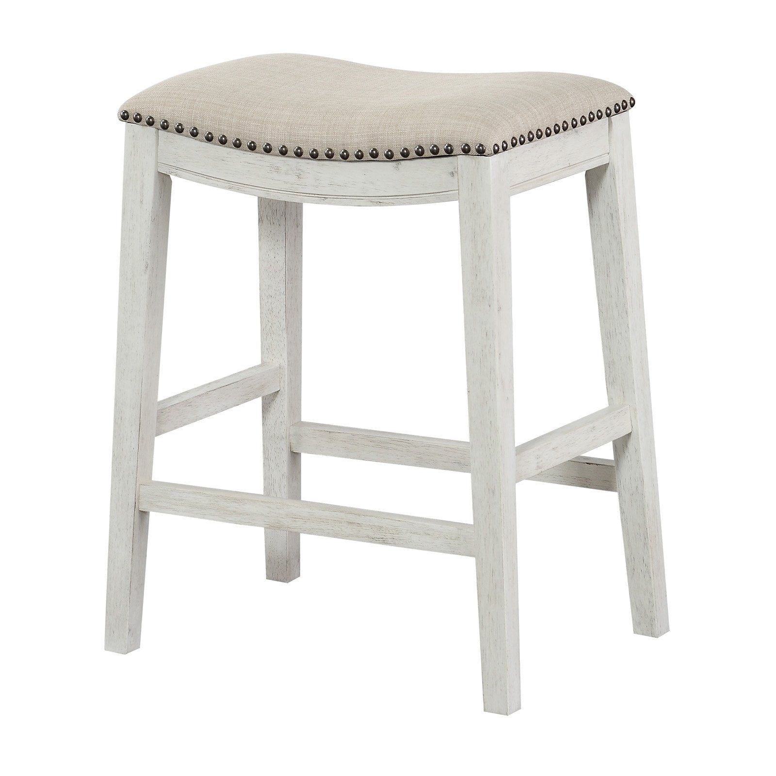 Antique White and Beige Wood Saddle Stool, 24-Inch