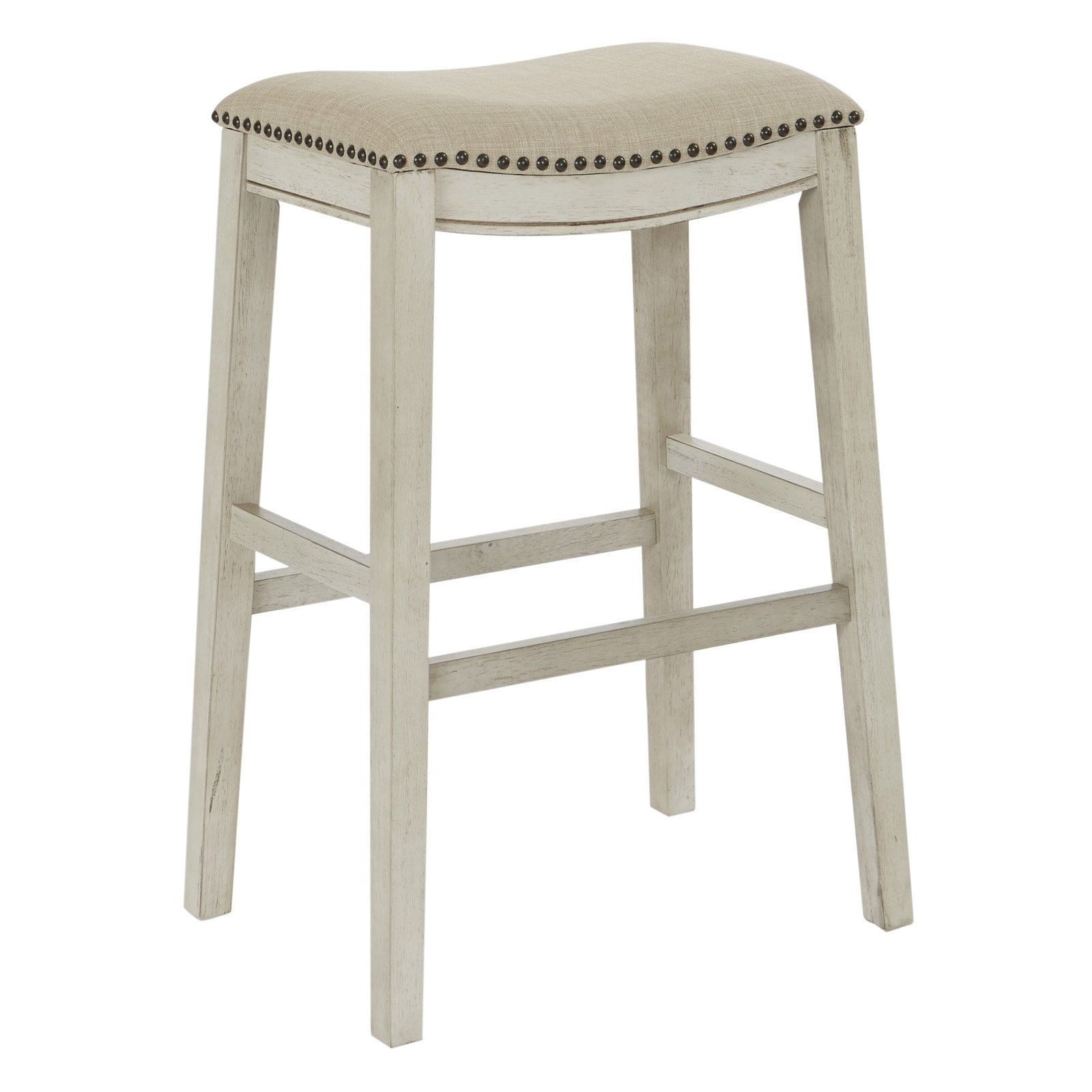 Adjustable 29'' Rustic Beige Saddle Bar Stool with Antique Metal Base