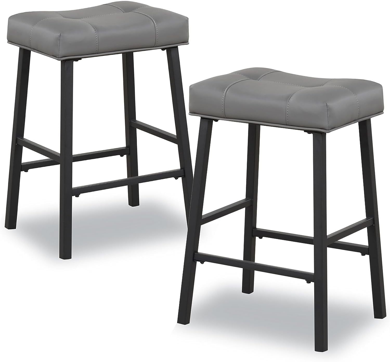 24" Black Metal Backless Saddle Bar Stools with Gray Leather