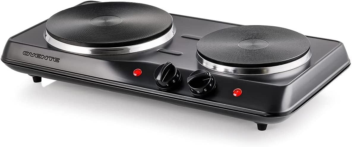Black Double Burner Electric Cooktop with Cast Iron Plates