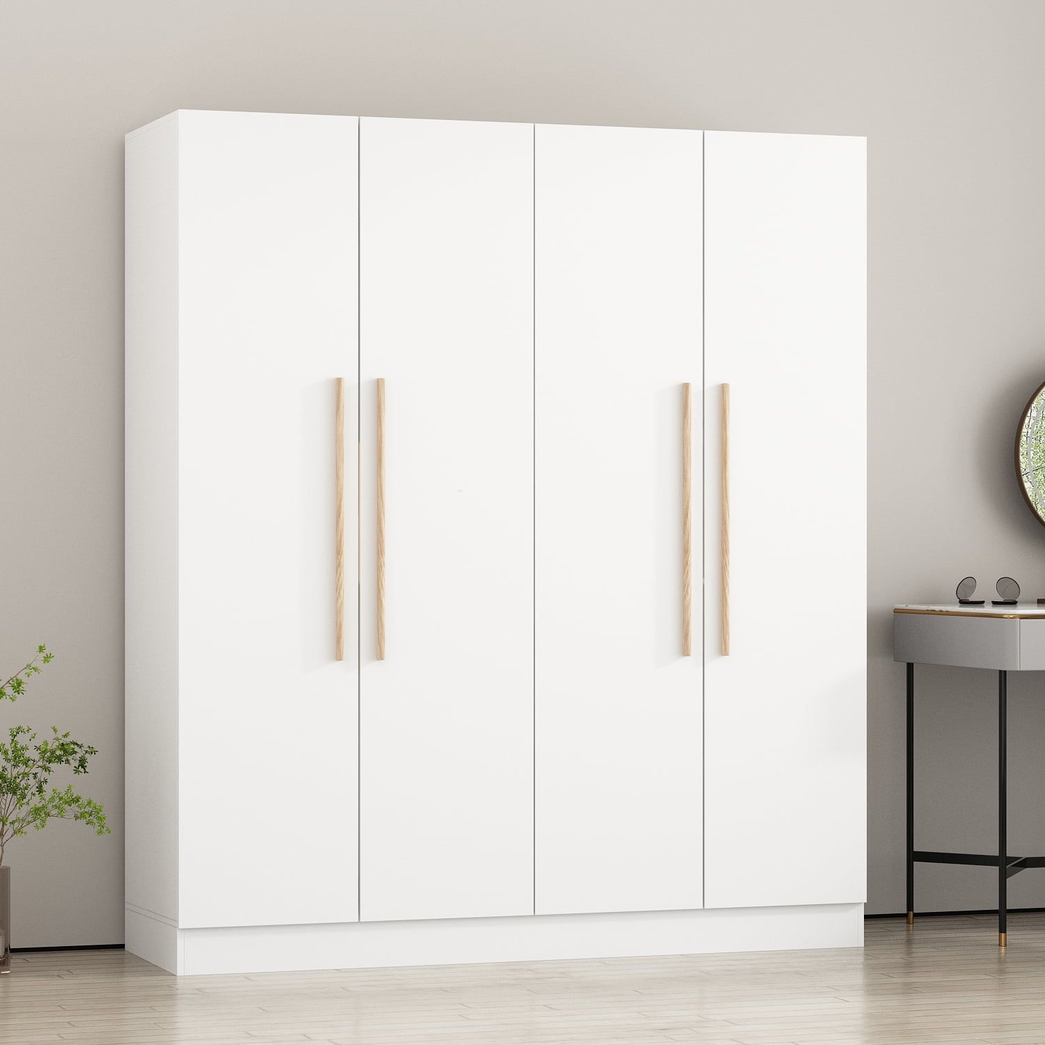 White 4-Door Wardrobe Armoire with Natural Wood Handles