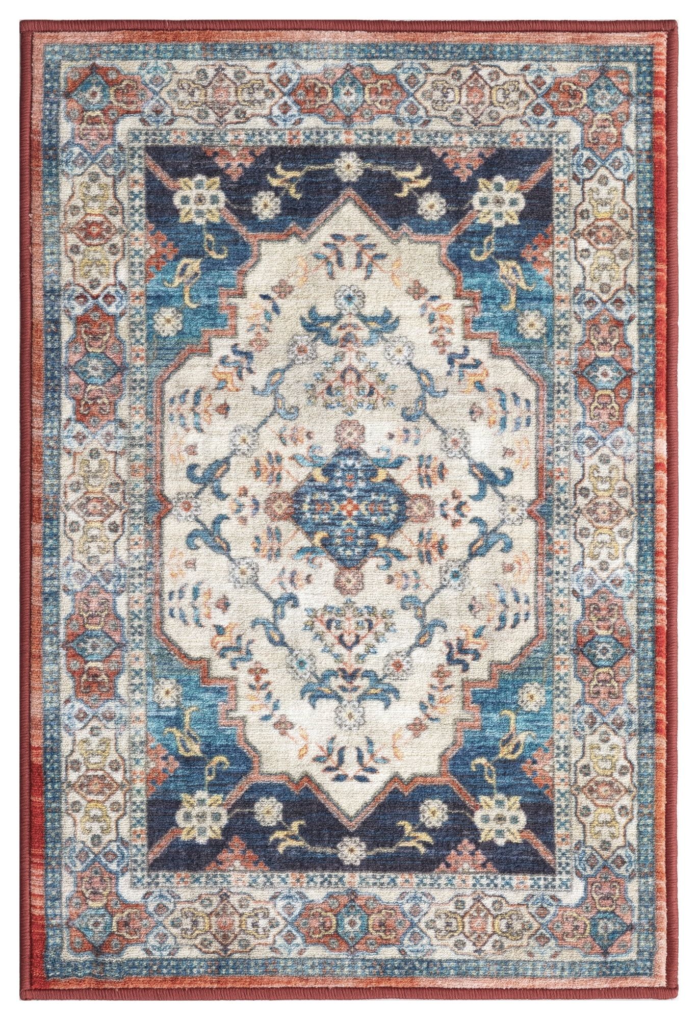 Ivory and Navy Medallion Washable Synthetic Area Rug 2' x 3'