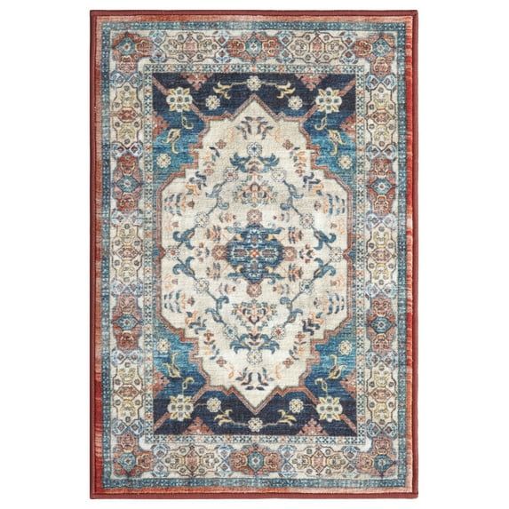 Ivory and Navy Medallion Washable Synthetic Area Rug 2' x 3'