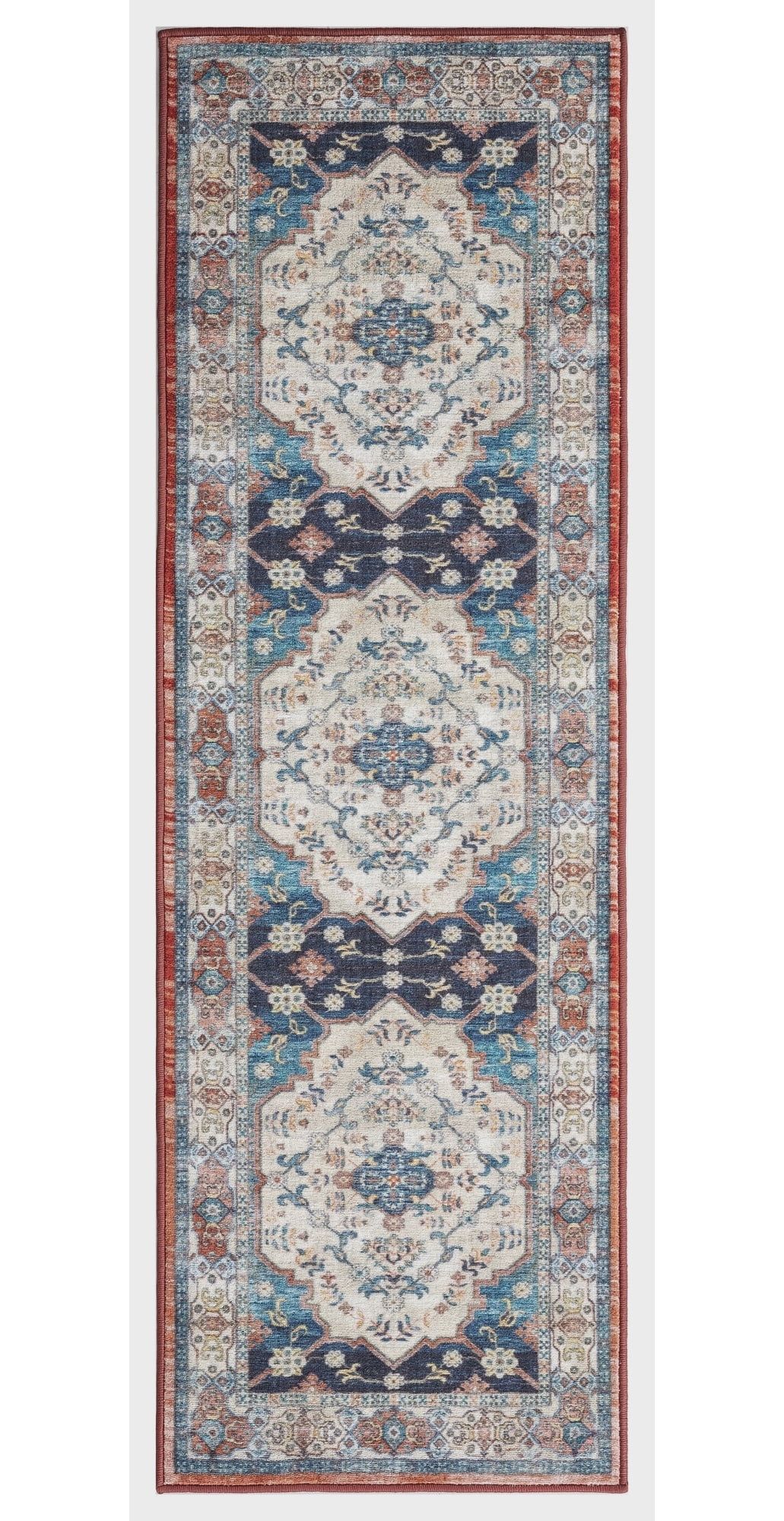 Ivory and Navy Medallion Polyester Washable Area Rug