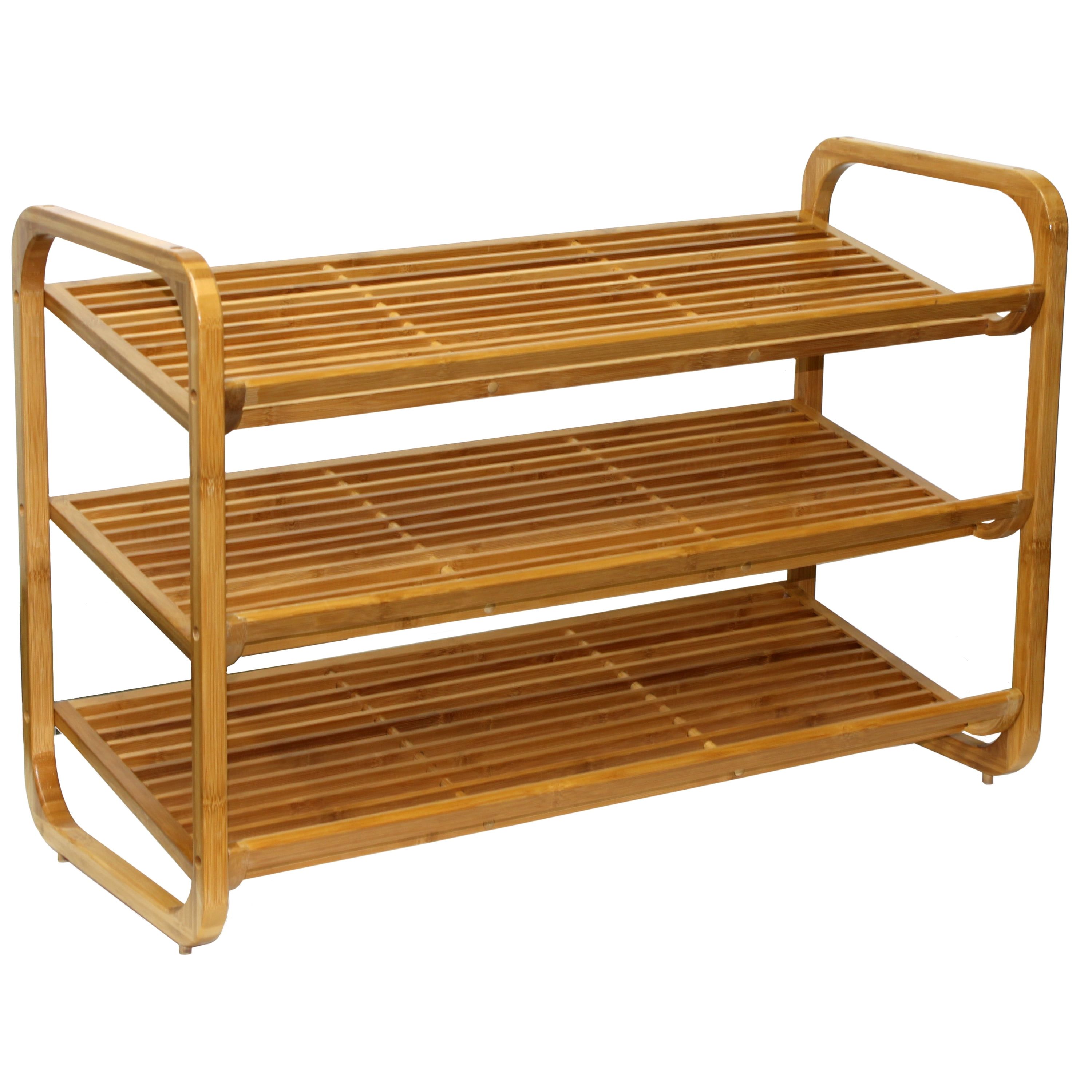 Medium Wood 3-Tier Bamboo Shoe Rack with Metal Accents