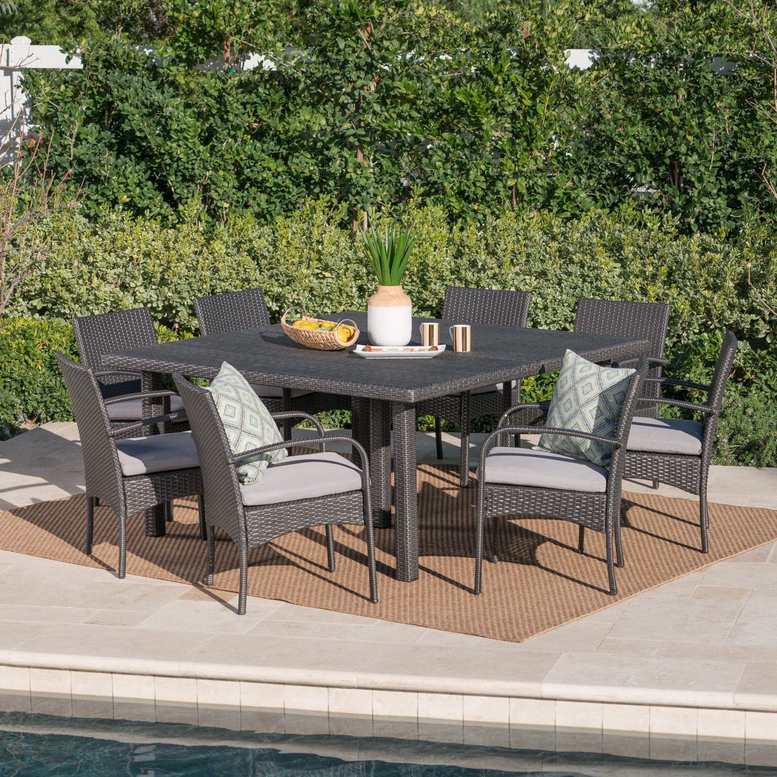 Grey 9-Piece Outdoor Wicker Dining Set with Cushions