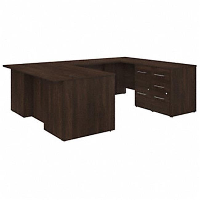 Black Walnut U-Shaped Executive Desk with Filing Cabinets