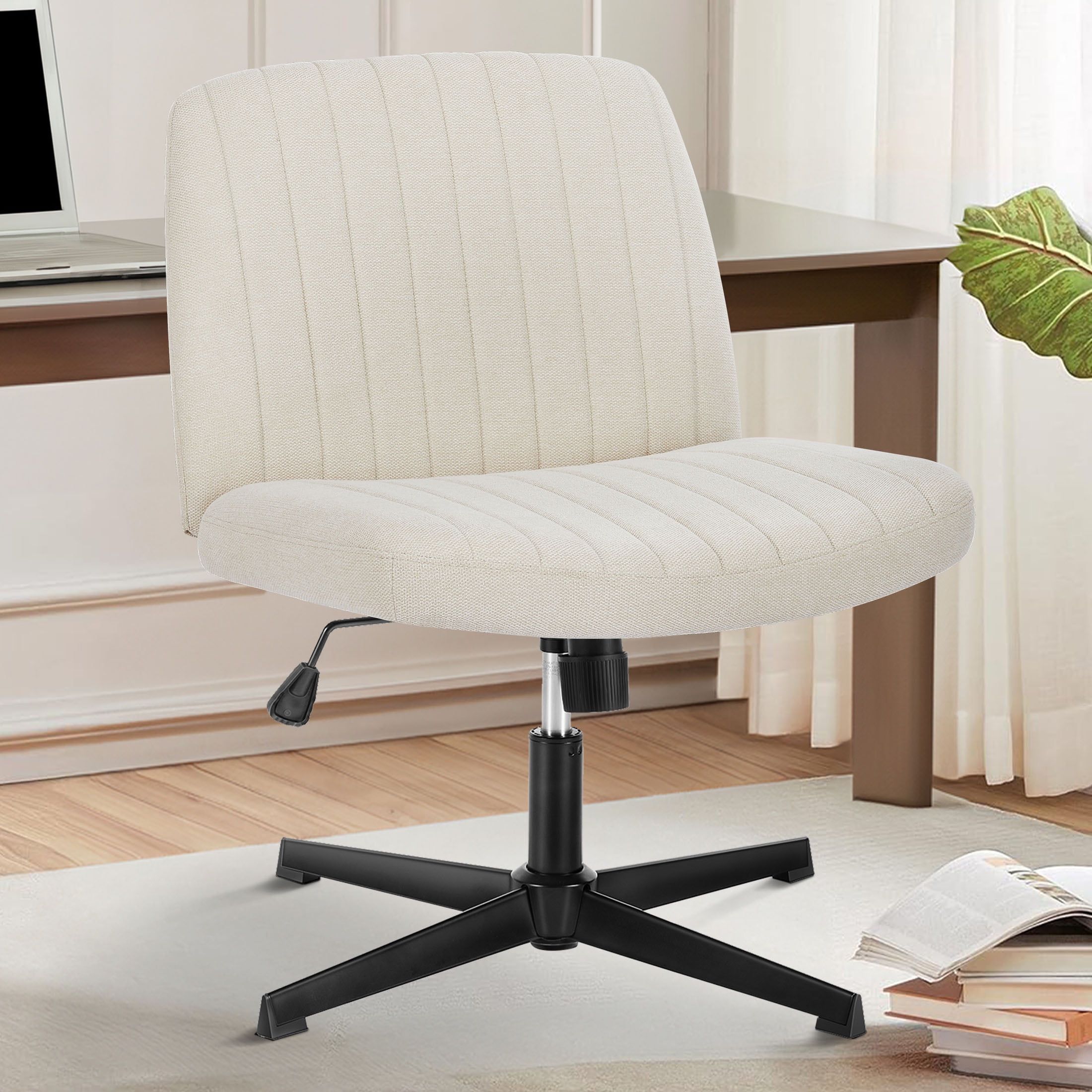 Beige Fabric Armless Swivel Task Chair with Adjustable Height