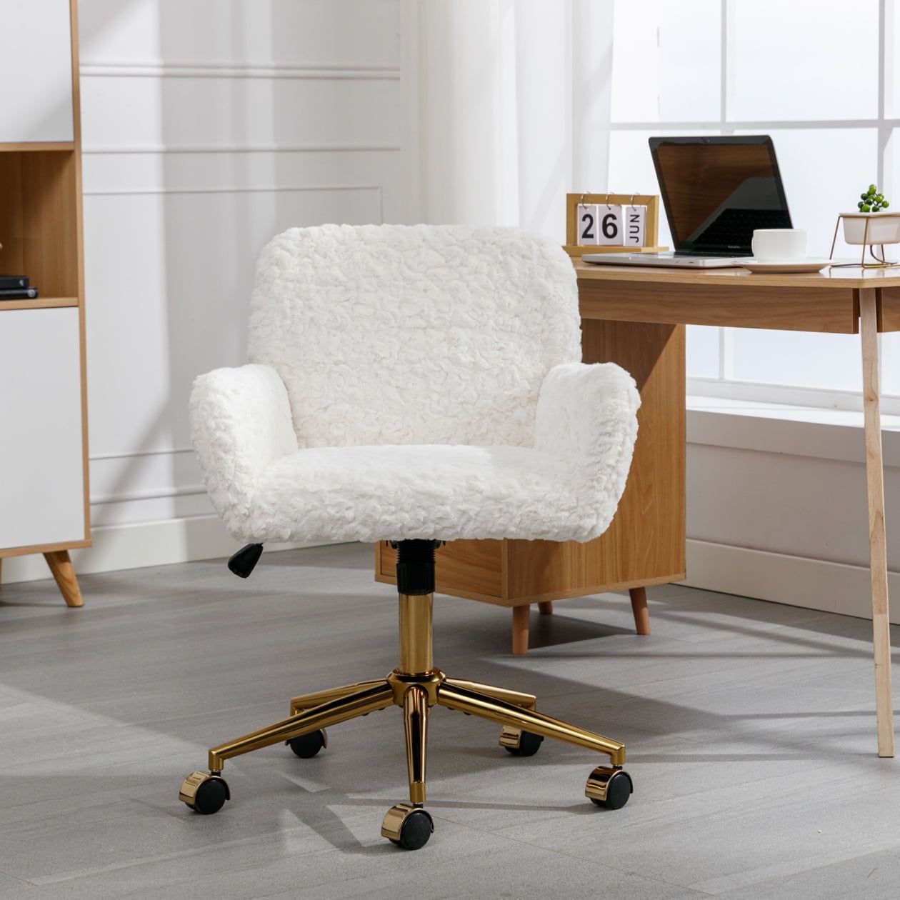 Beige Velvet Swivel Office Chair with Gold Base