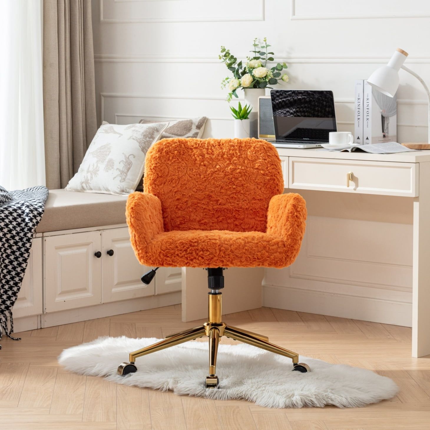 Orange Velvet Swivel Office Chair with Gold Metal Base