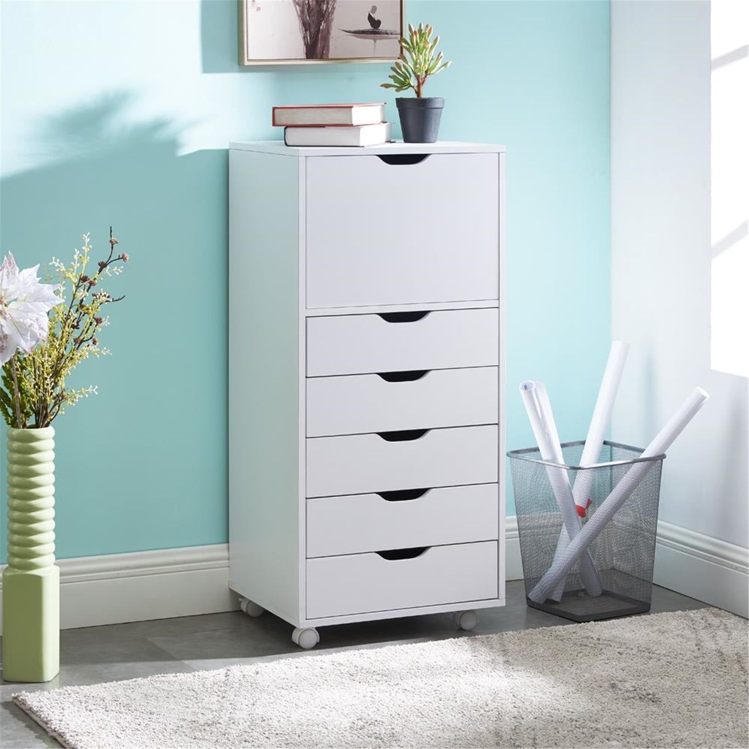 White 6-Drawer Mobile Lateral File Cabinet with Wheels