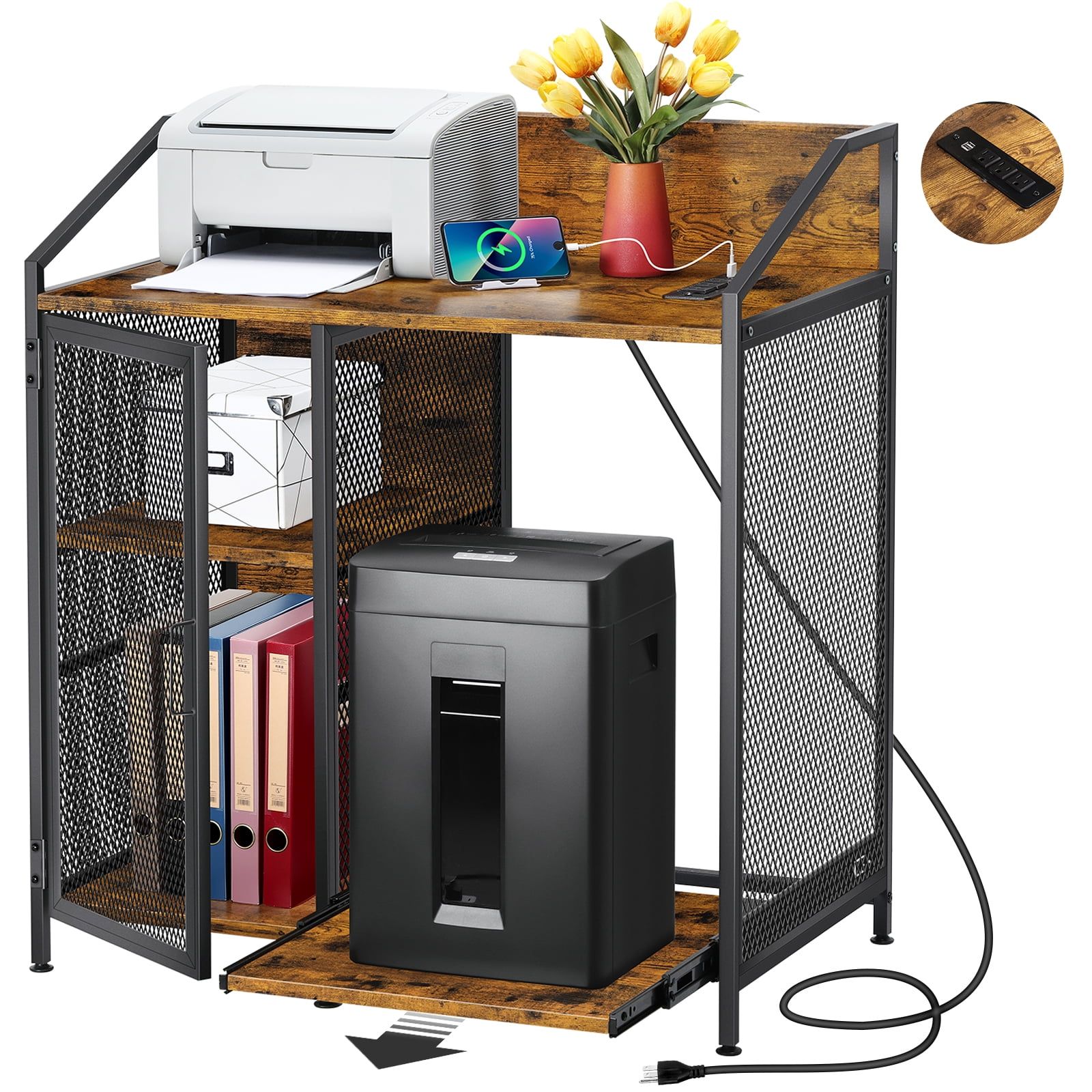 Rustic Brown and Black 3-Tier Printer Stand with Charging Station