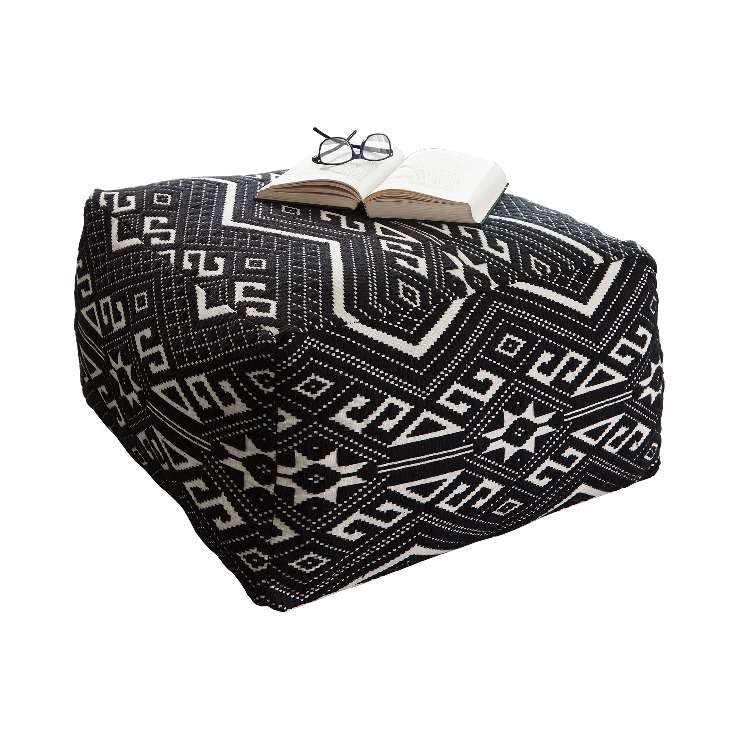 Exotic Tribal Motif Black and White Square Pouf