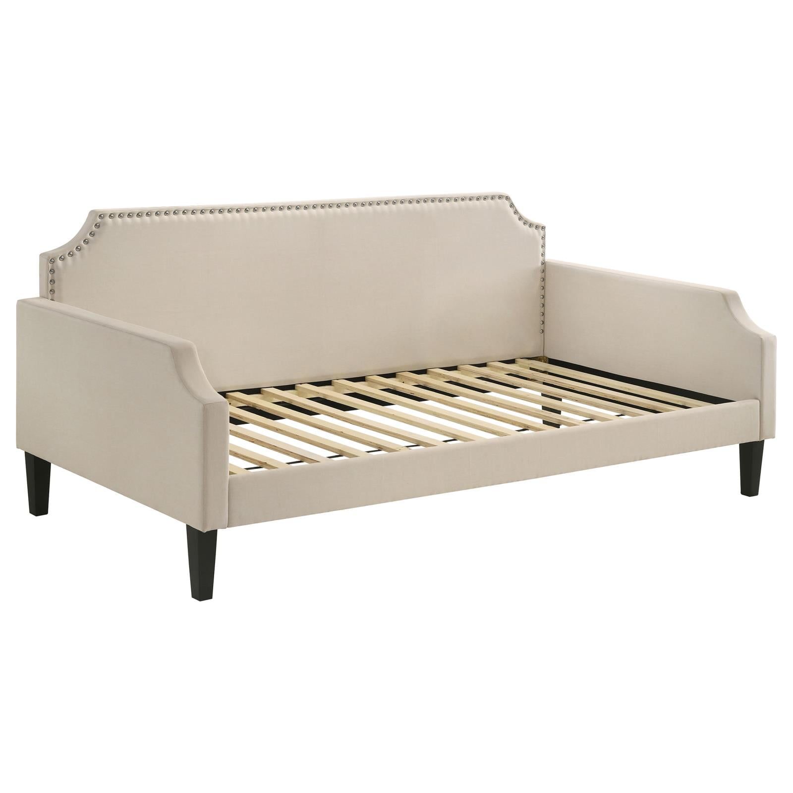 Beige Upholstered Twin Daybed with Nailhead Trim and Storage