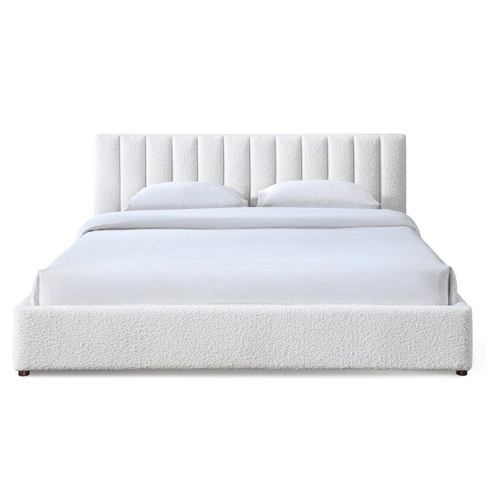 Jaxon White Boucle Upholstered King Platform Bed with Tufted Headboard