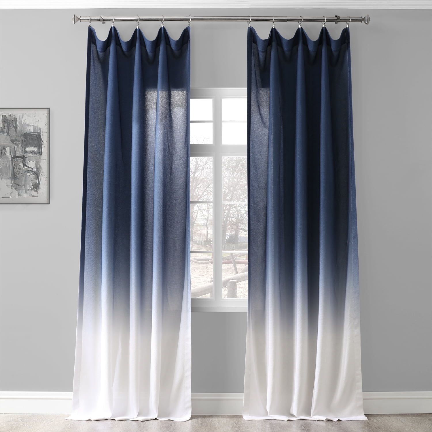 Ombre Blue Faux Linen Light-Filtering Curtain Panel 50x84