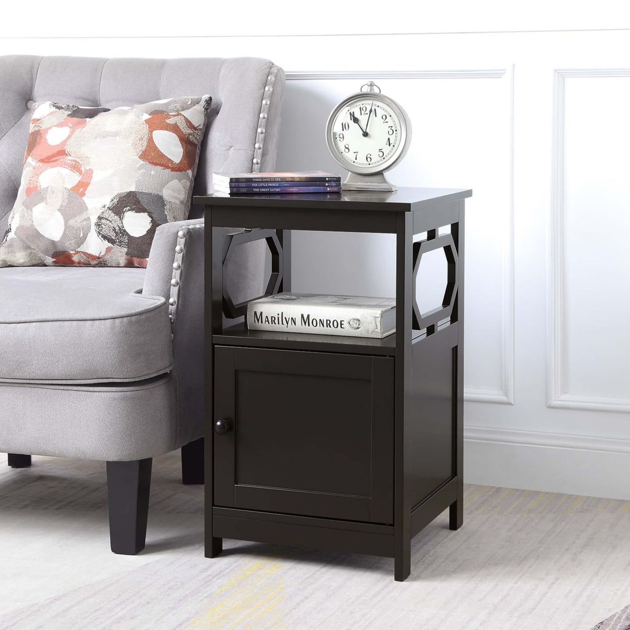 Espresso Round Wood End Table with Storage Cabinet