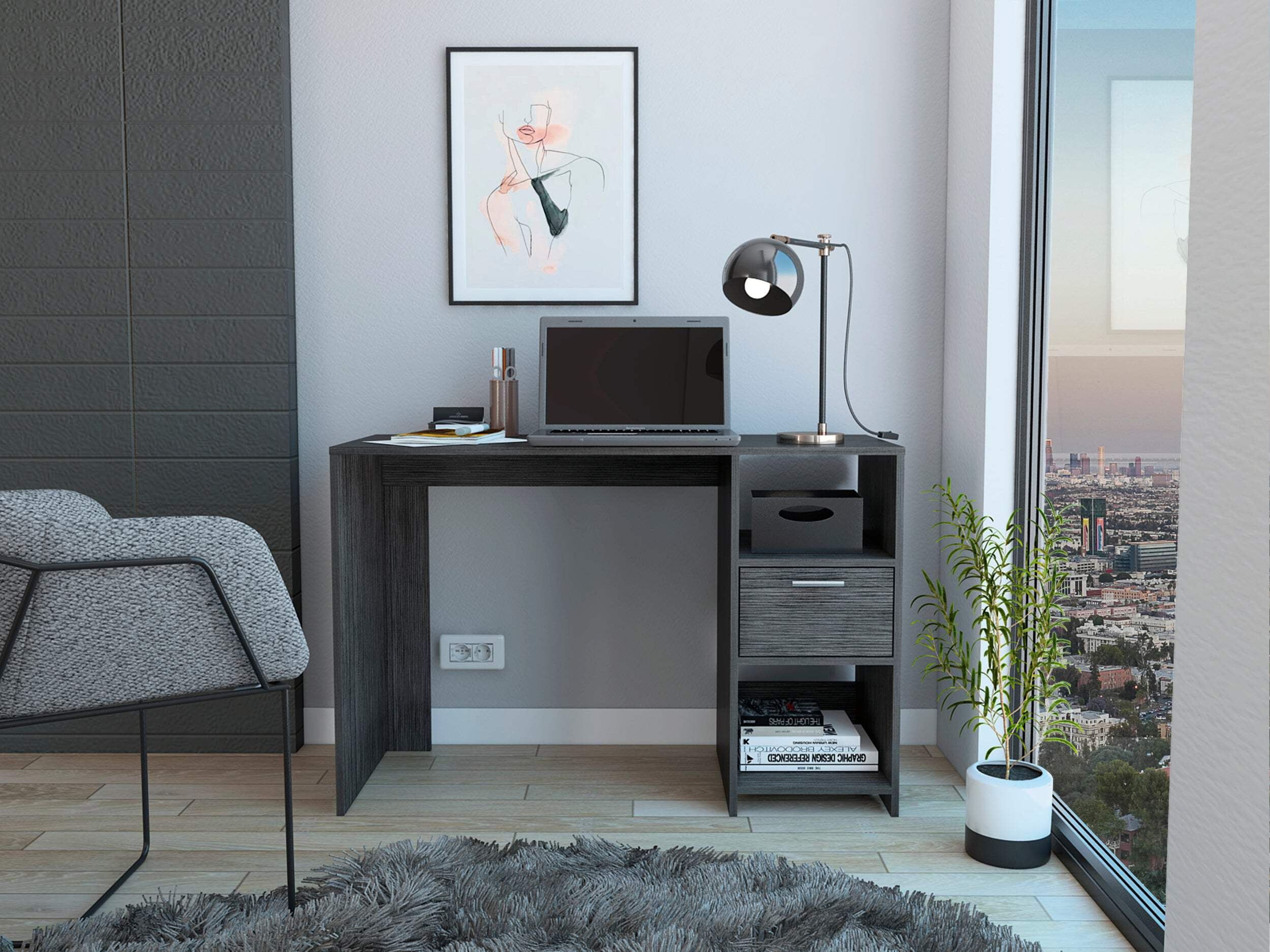 Gray Engineered Wood Computer Desk with Drawer and Shelves