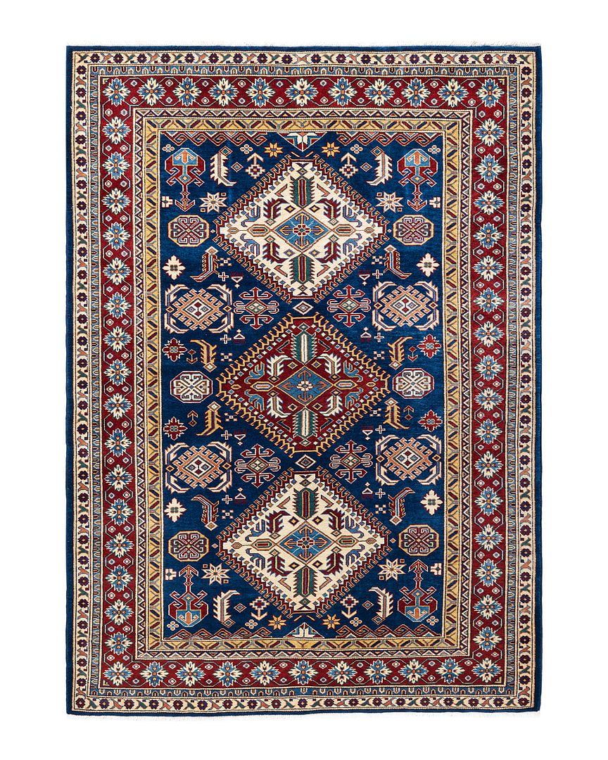 Tribal Geometric Hand-Knotted Wool Area Rug in Blue 5'1" x 7'1"