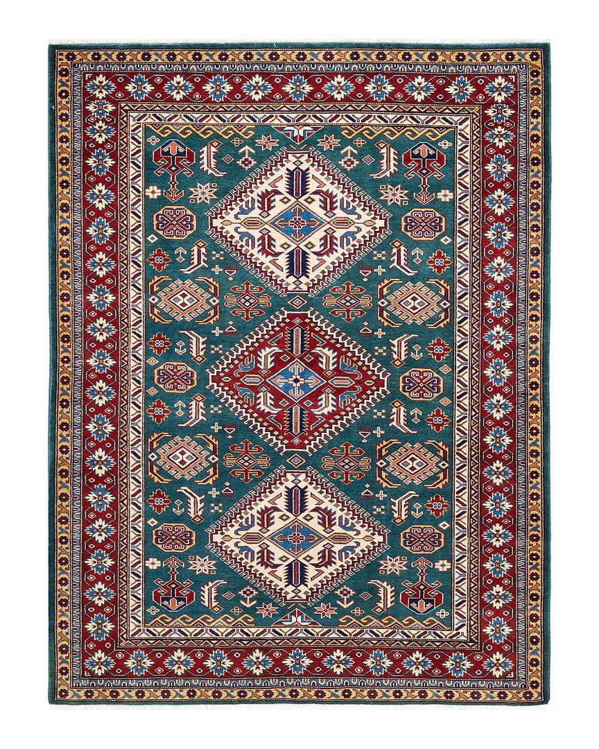 Tribal Geometric Hand-Knotted Wool Area Rug Green 5'3"x6'10"