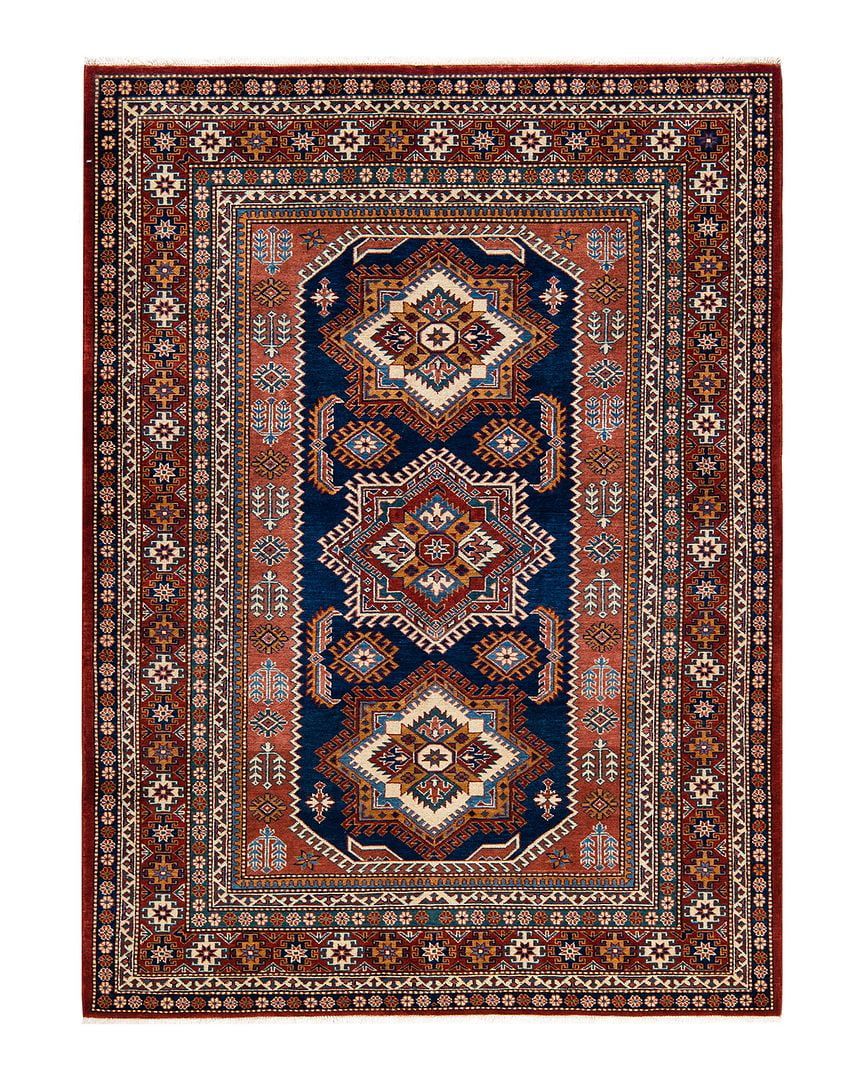 Vibrant Tribal Geometric Hand-Knotted Wool Area Rug, Orange 5'1" x 6'10"