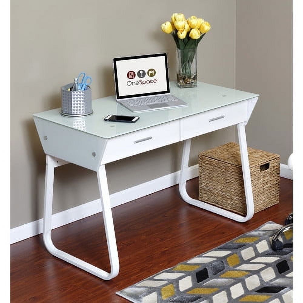 White Glass and Steel Computer Desk with Drawers and Keyboard Tray