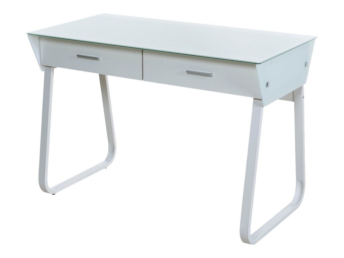 White Glass and Steel Computer Desk with Drawers and Keyboard Tray