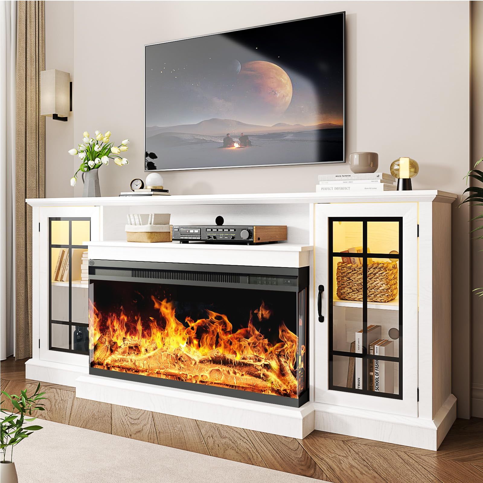Oneinmil 36 Inch Fireplace TV Stand for TVs up to 80", LED Light Entertainment Center with 3-Sided Glass Fireplace, TV Console, White