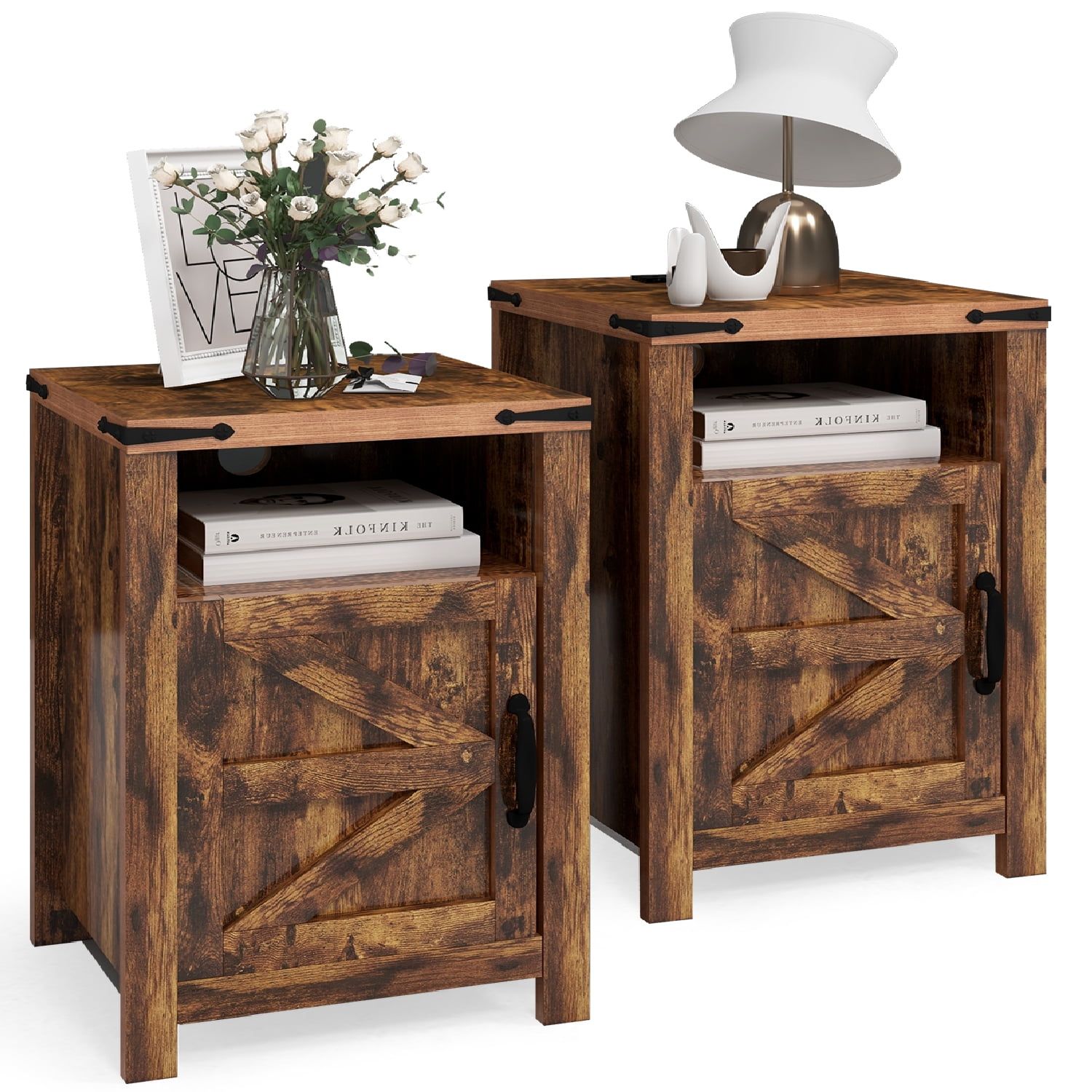 Brown Farmhouse Nightstand Set with Charging Station and Barn Door