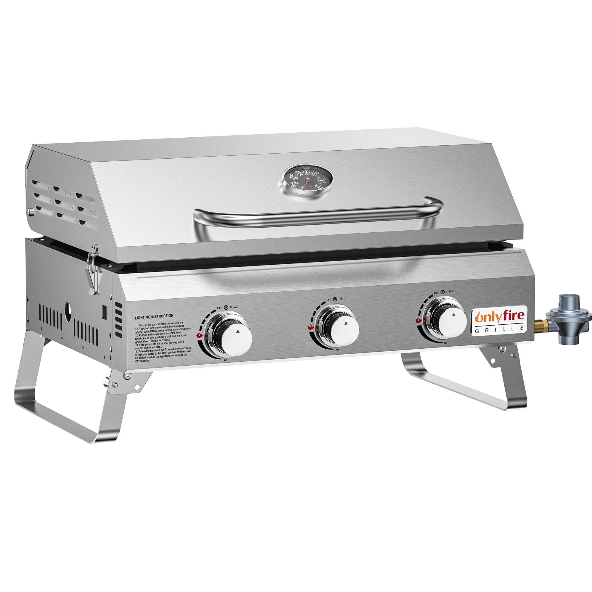 Onlyfire 24" Stainless Steel 3-Burner Portable Propane Grill with Foldable Legs