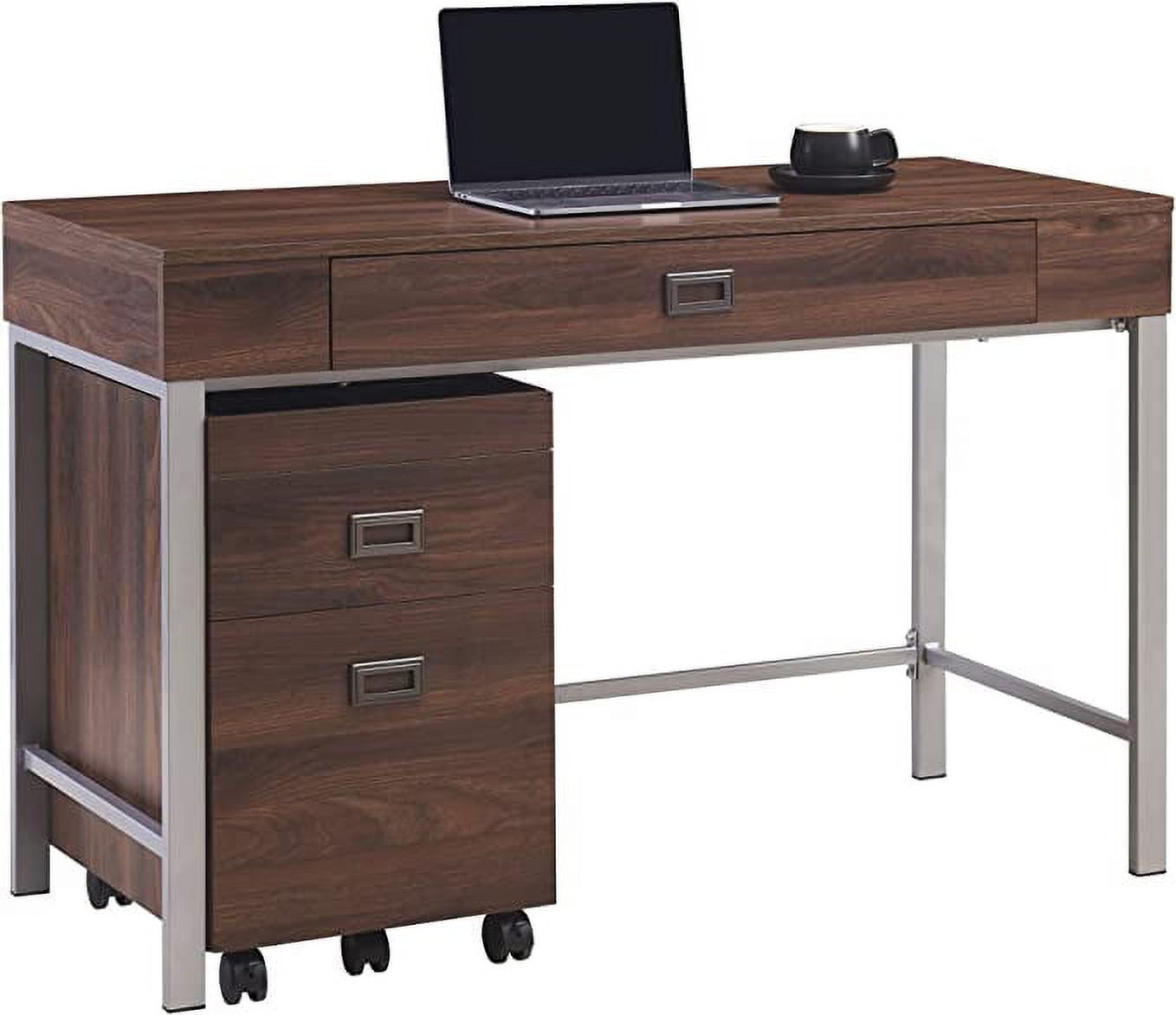 Sleek Brezio 47" Contemporary Desk with Mobile File Cabinet in Silver and Brown