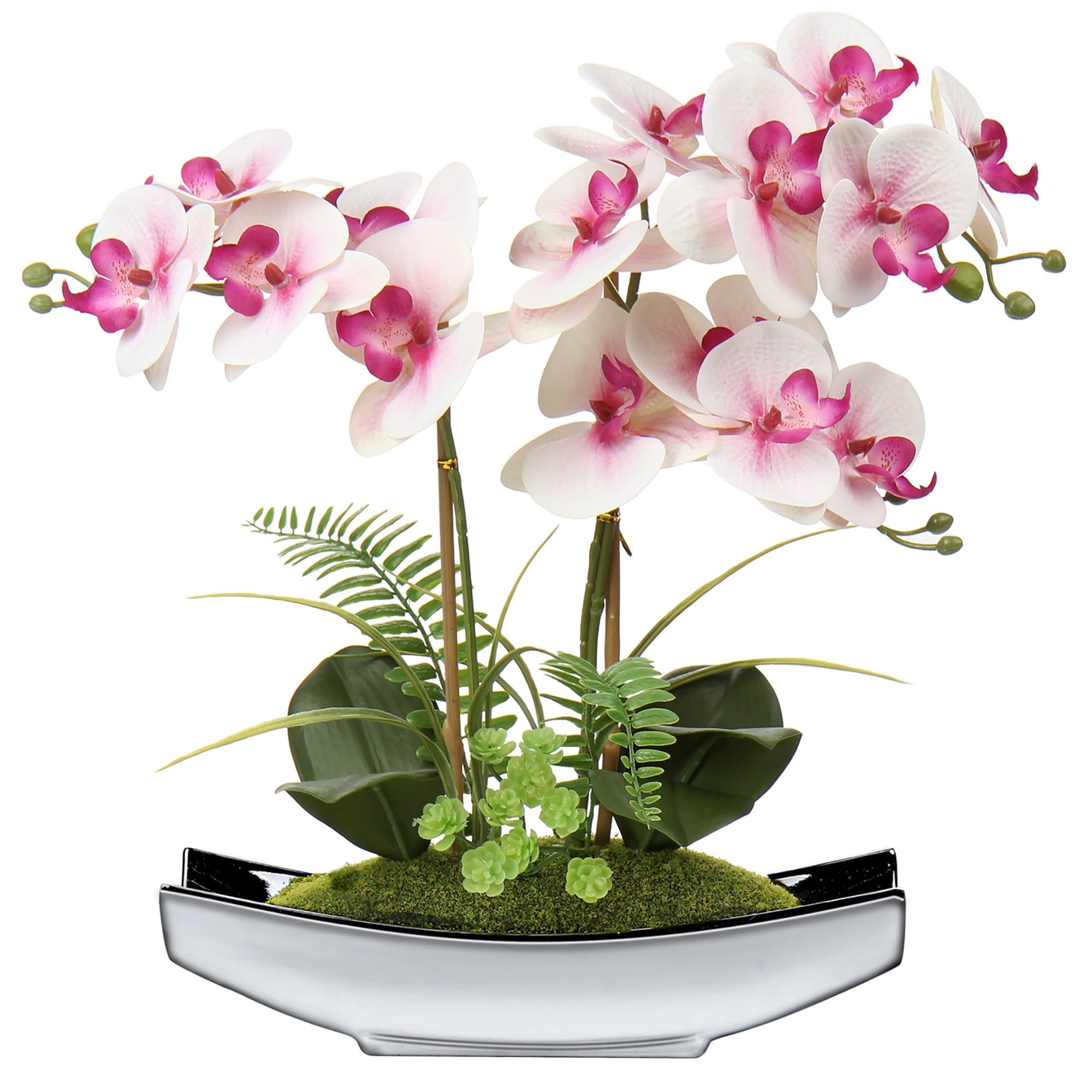 Light Pink Orchid in Silver Boat-Shaped Pot with Faux Moss