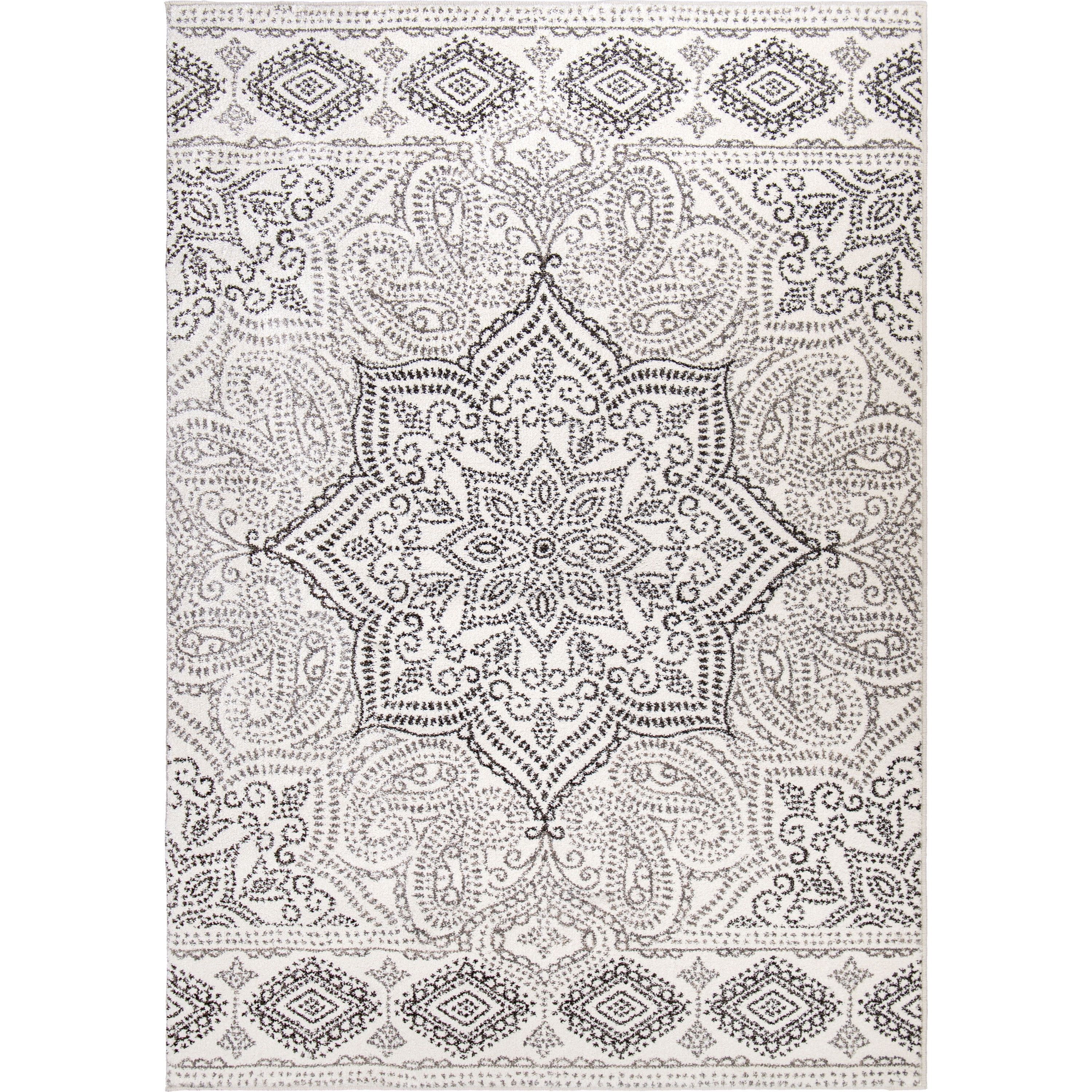 Gray and White Floral Synthetic Stain-Resistant Area Rug