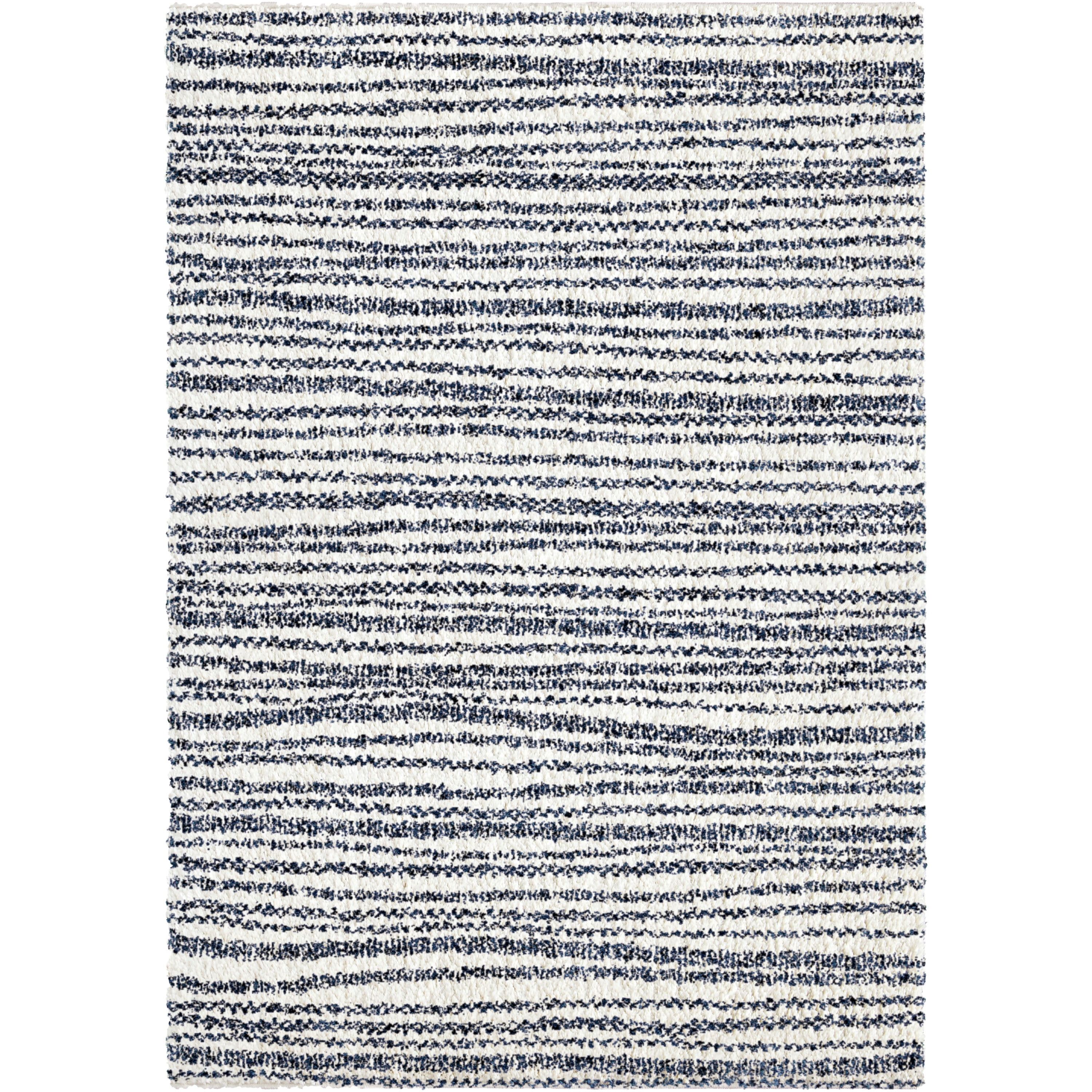 Ivory and Blue Striped Synthetic Plush Area Rug