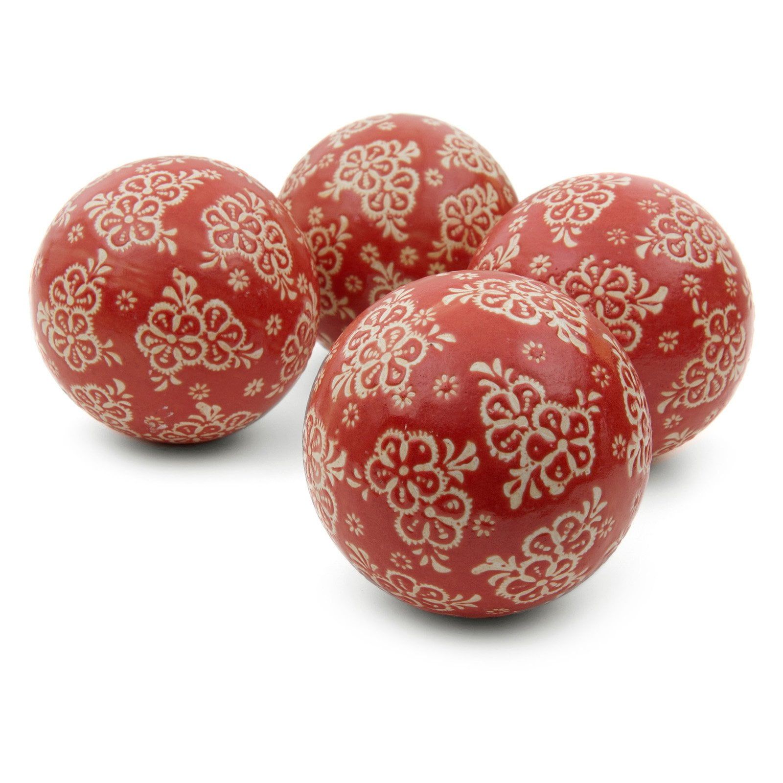 Red and Beige Floral Porcelain Decorative Ball Set