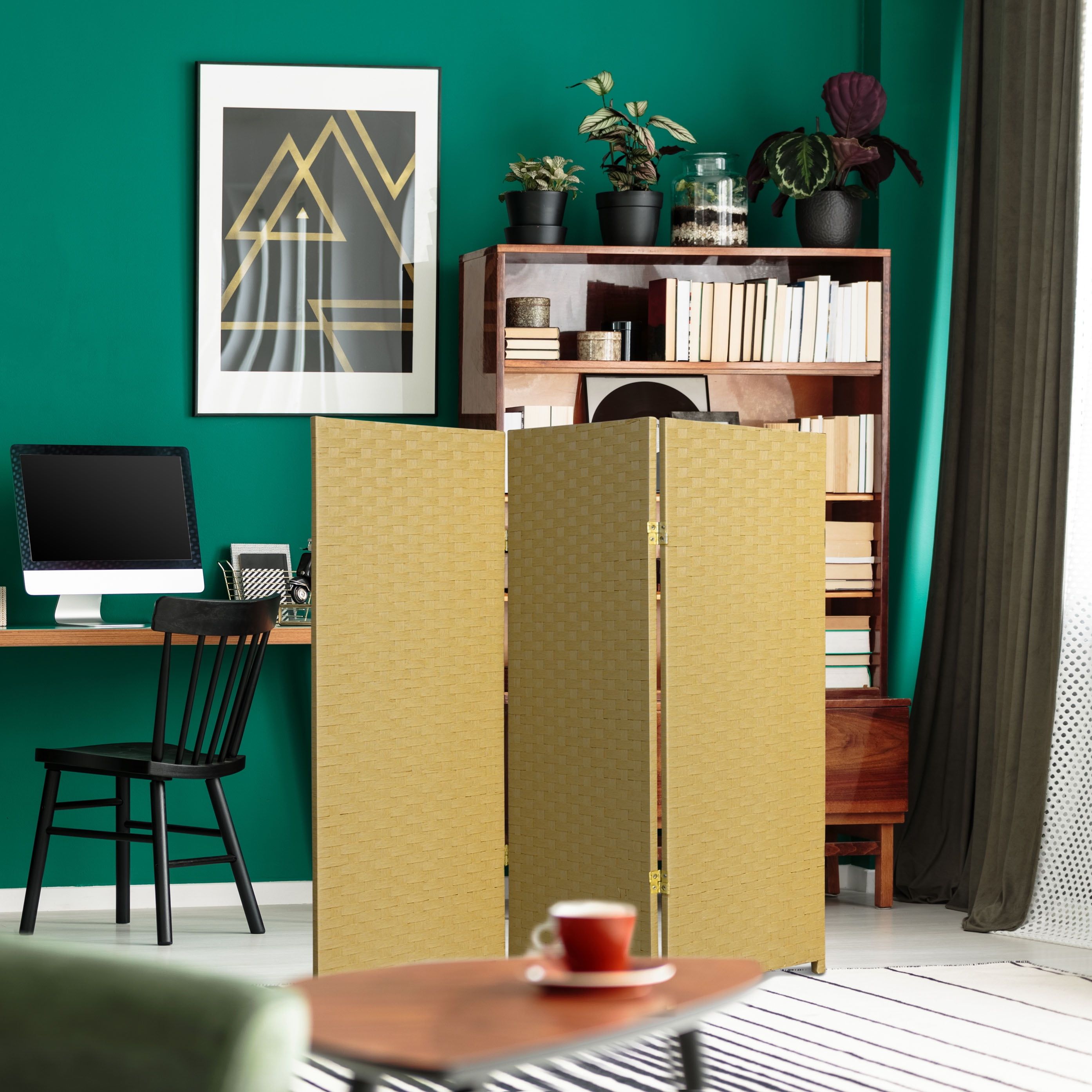 48" Beige Woven Fiber 3 Panel Folding Room Divider