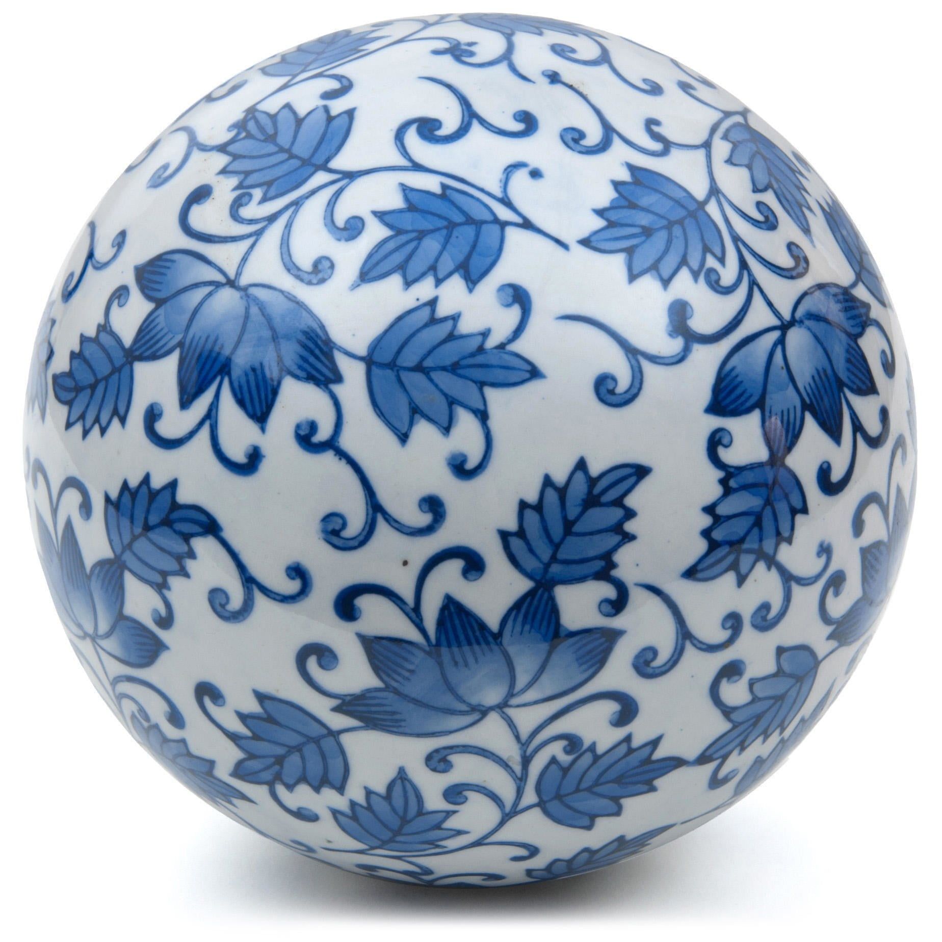 Blue and White Floral Porcelain Decorative Ball Sculpture, 7-Inch