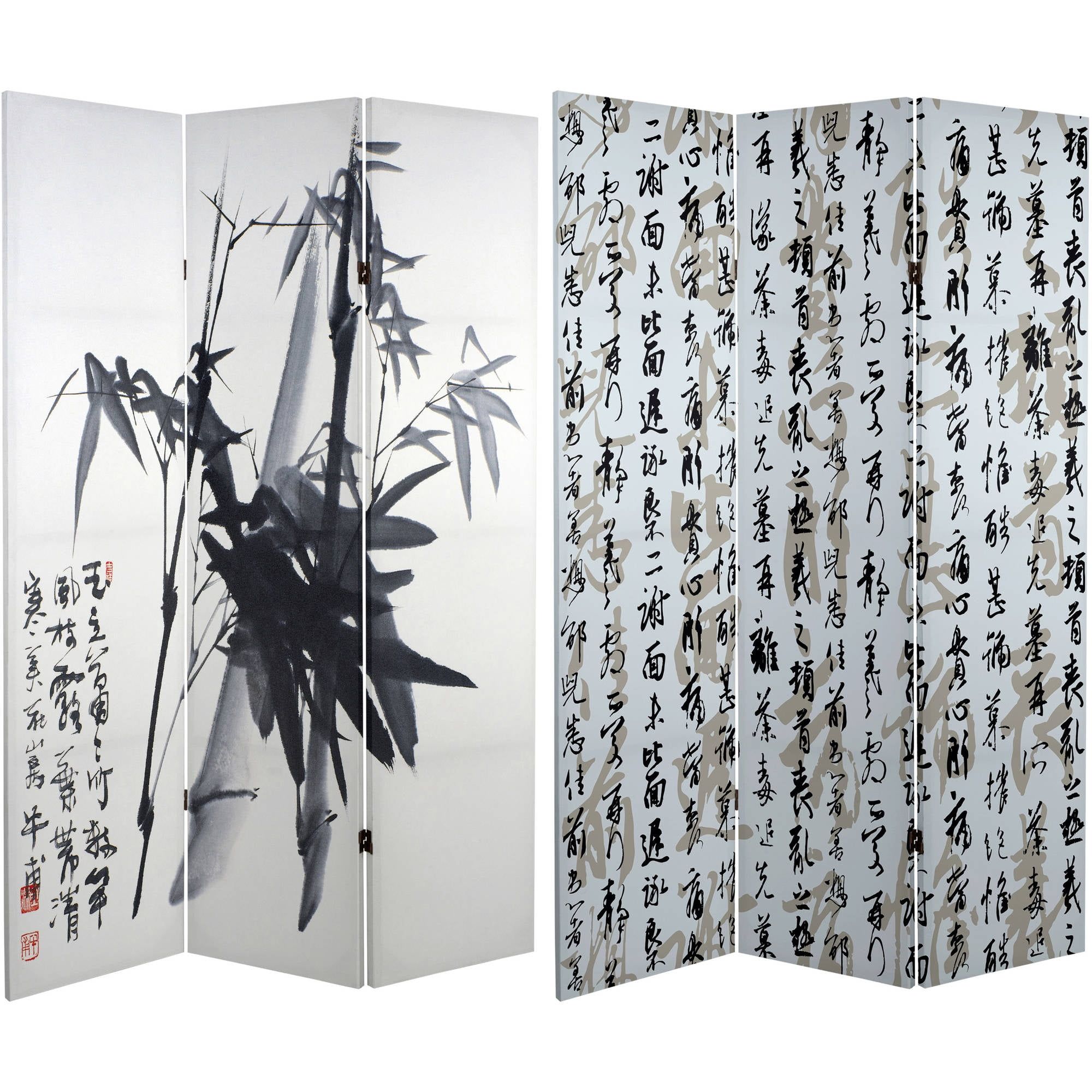 6 ft. White Bamboo Calligraphy Canvas Room Divider