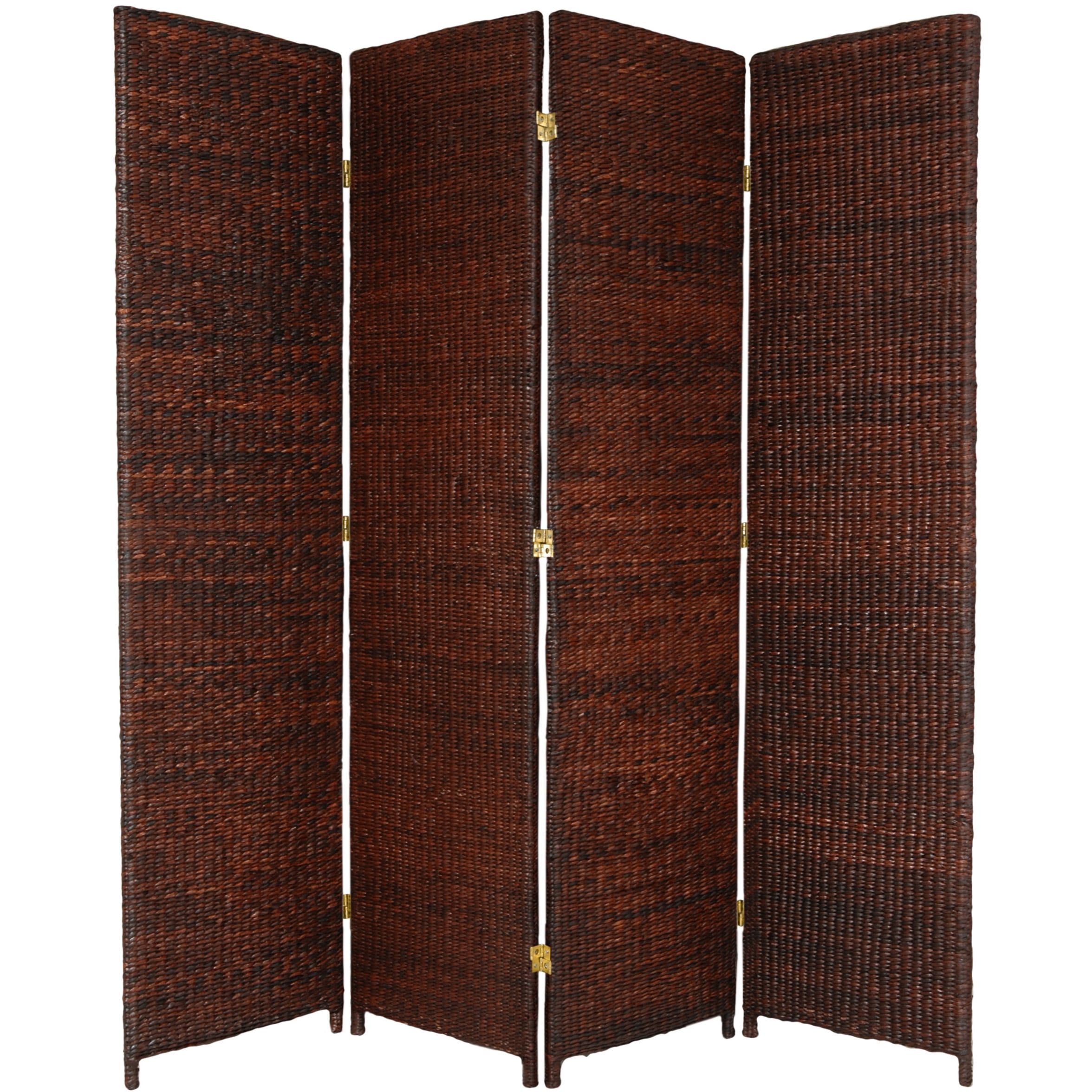 Dark Brown 4-Panel Woven Rush Grass Room Divider