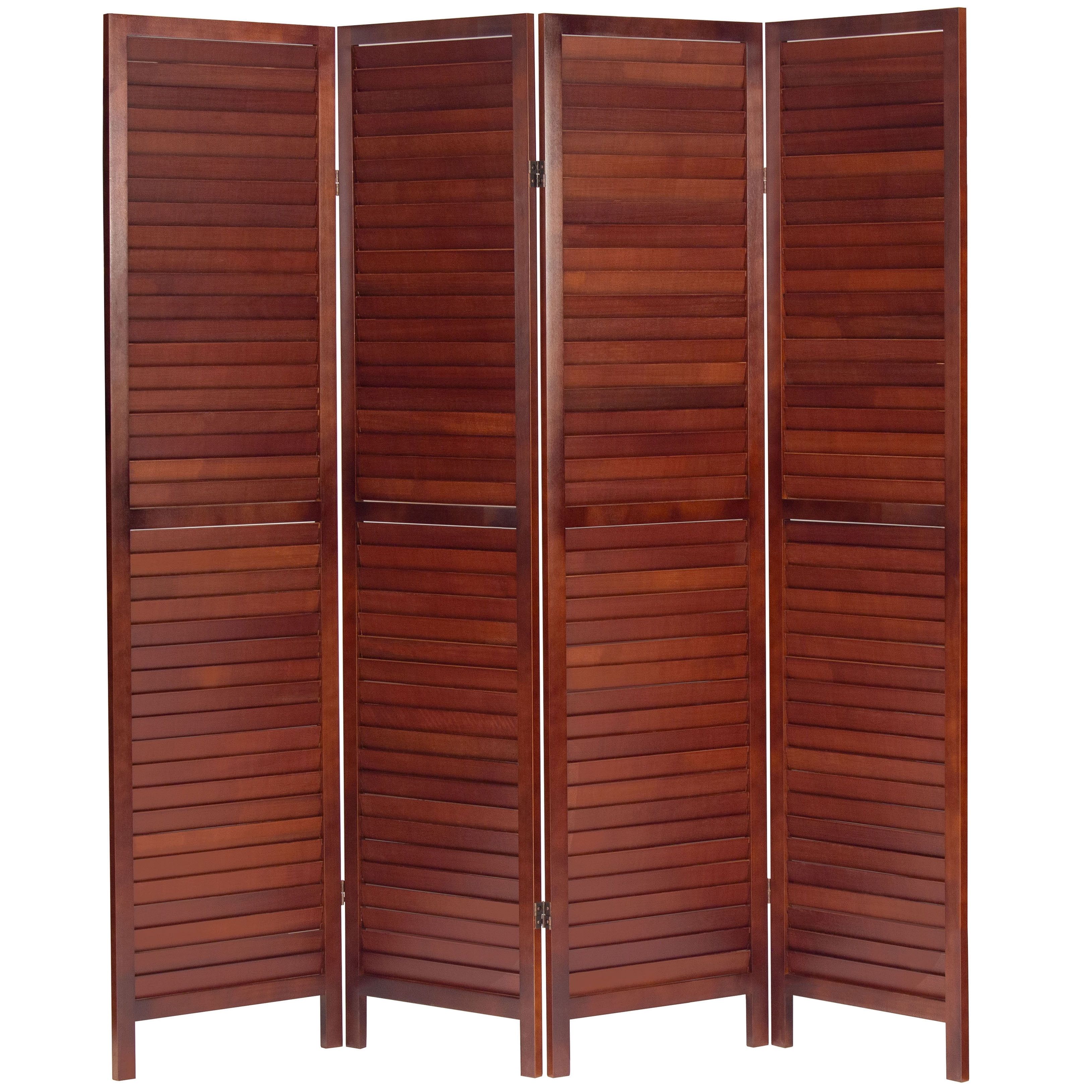 Walnut 6 ft. Tall Wooden Louvered 4-Panel Room Divider