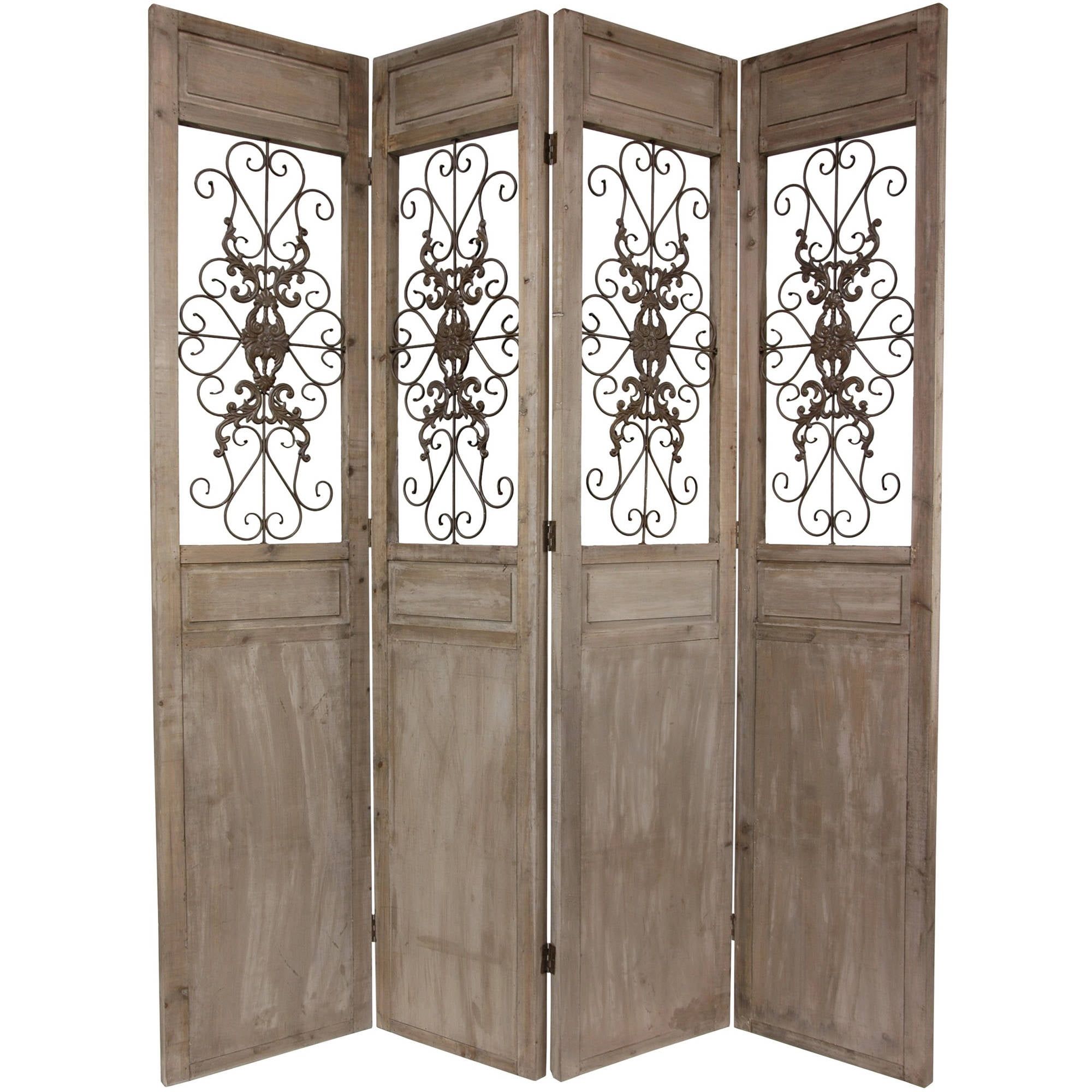 85.25" Distressed Gray Wood and Metal Scrollwork 4-Panel Room Divider