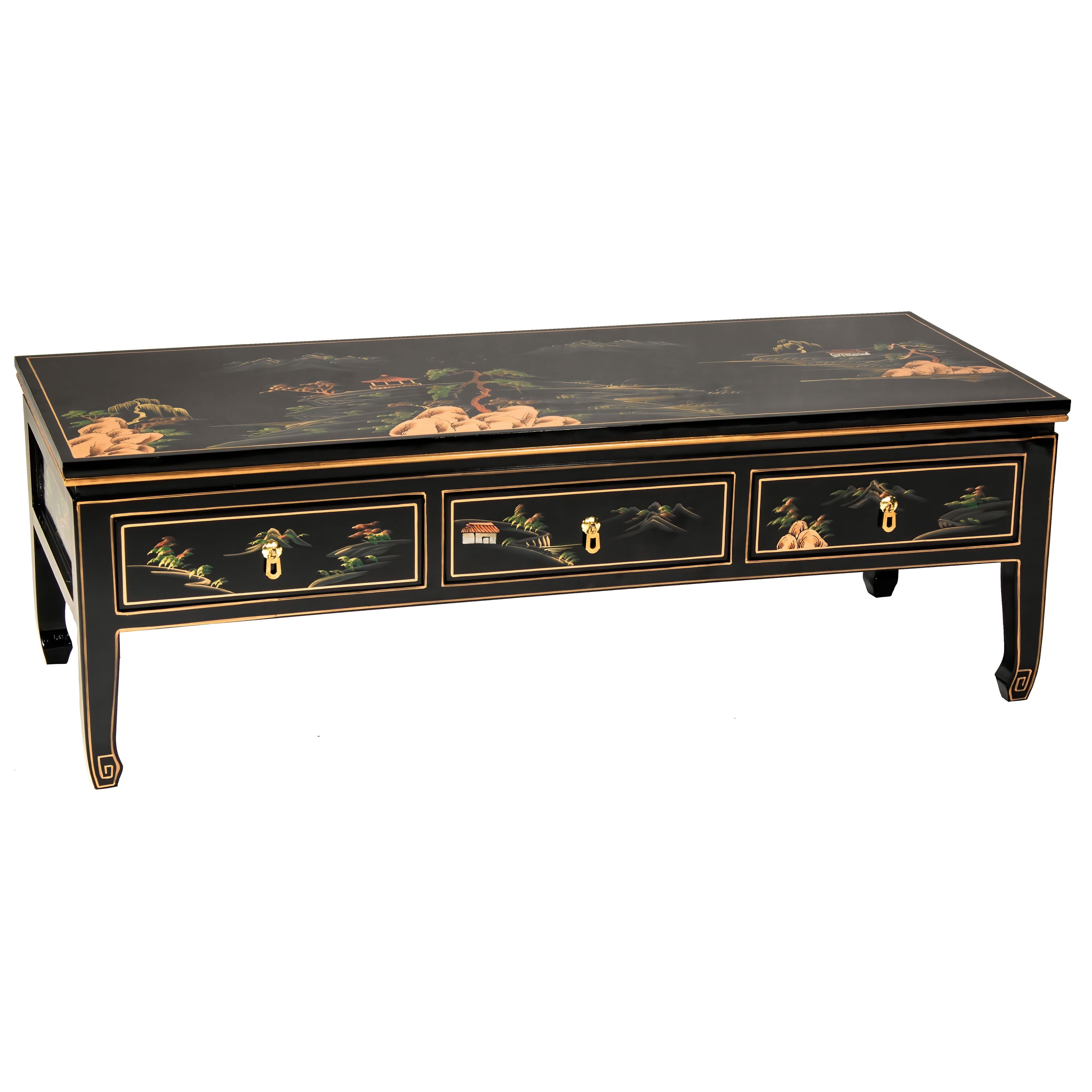 Black Lacquer Hand-Painted Landscape Coffee Table with Storage