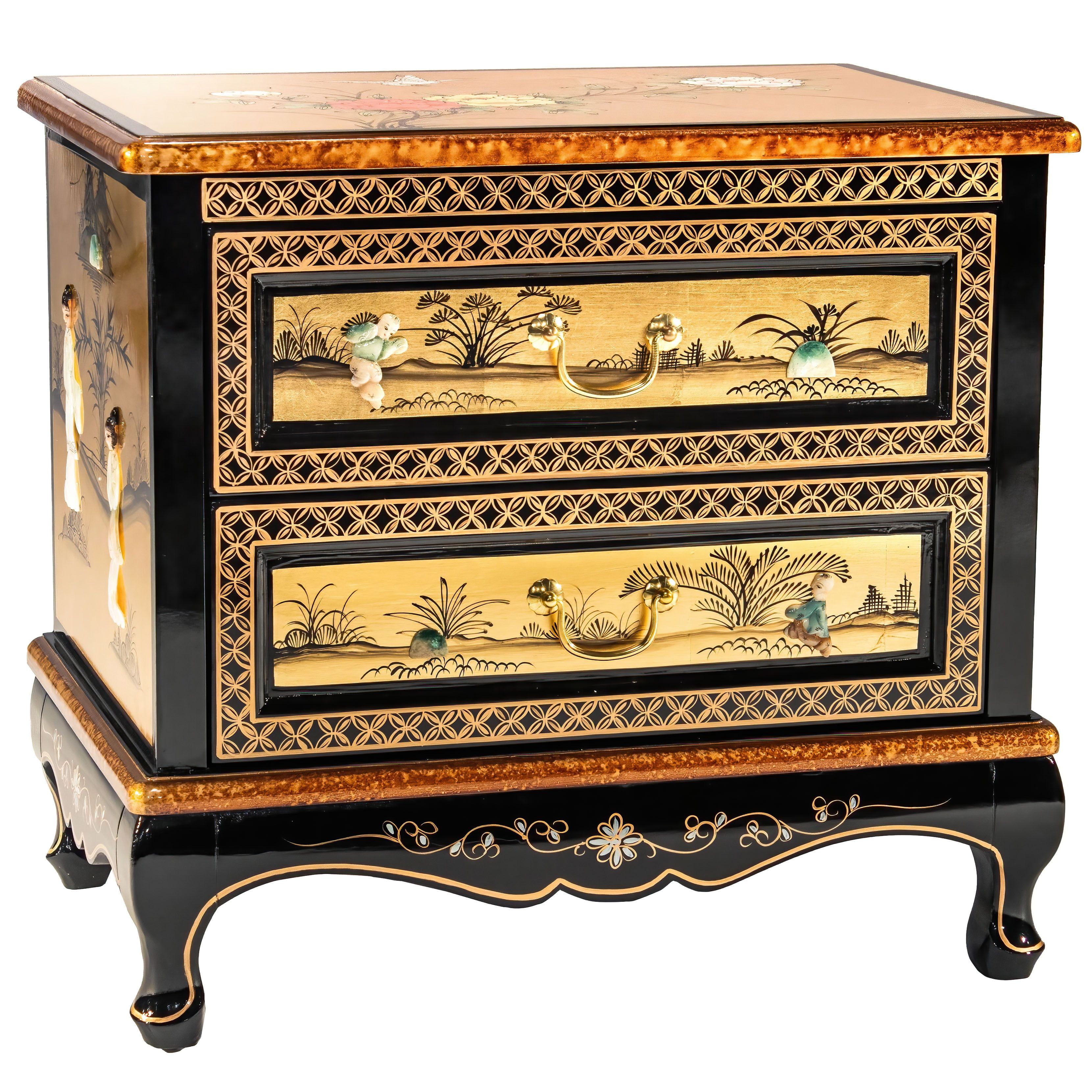 Gold Lacquer Hand-Painted Two-Drawer Chest with Queen Anne Legs