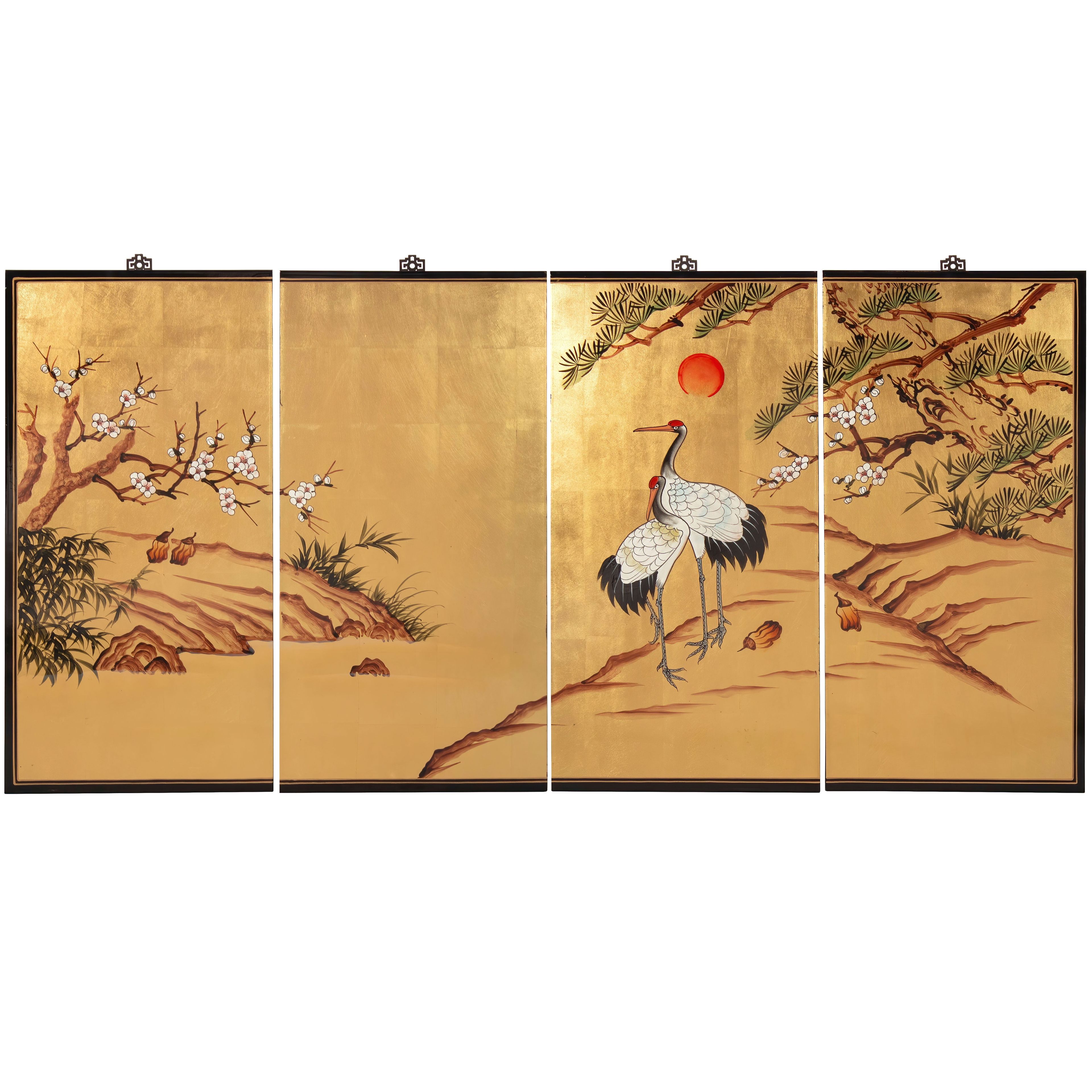 72" Gold Leaf Cranes Acrylic Wall Art Set